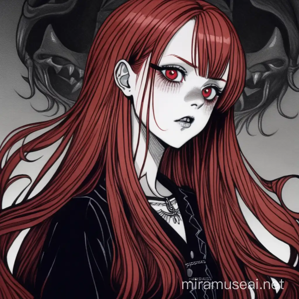 redhead woman, long hair, side part, 2d, goth, junji ito style, summoning demon