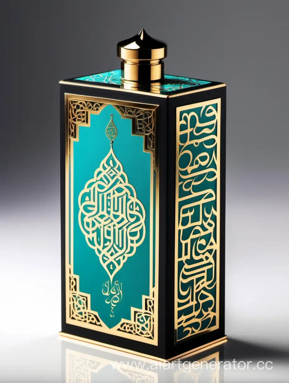 Luxurious-Black-and-Gold-Turquoise-Perfume-Box-with-Elegant-Arabic-Calligraphy