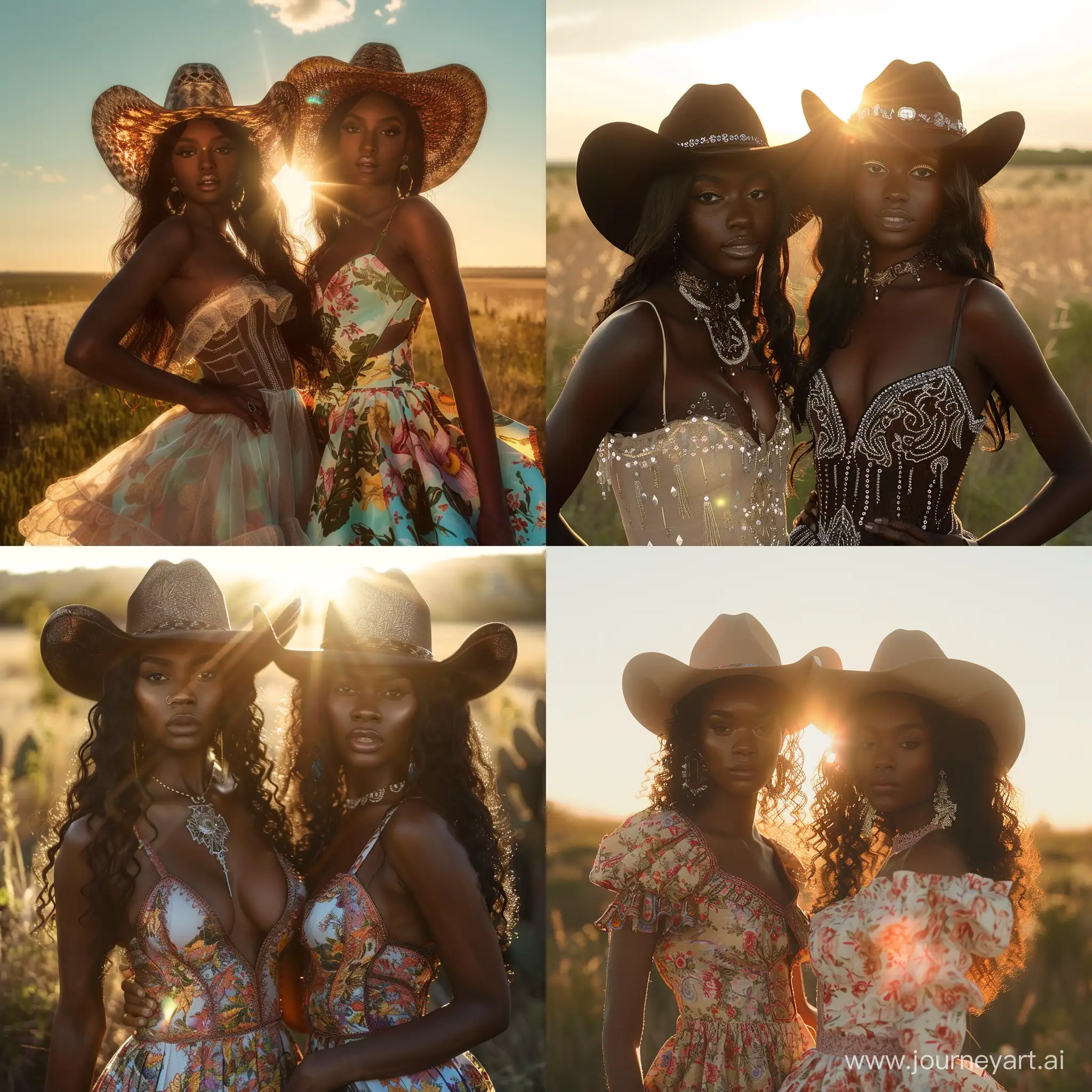 create two beautiful hyper realistic black cowgirls, wearing appropriate cowgirl dresses , captured with the sun behind them