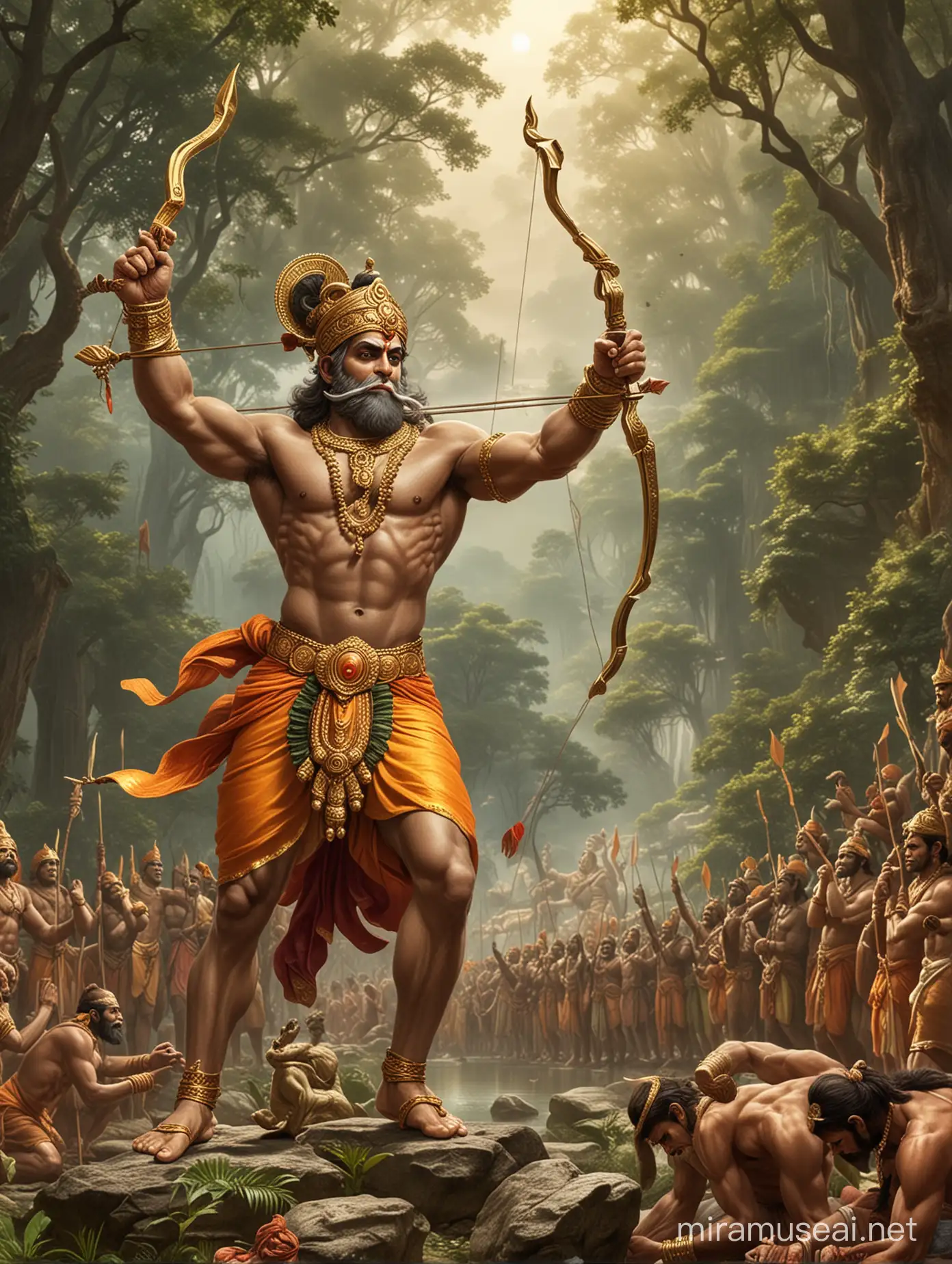 Generate me a idol photo of lord Shree ram being worshipped by hanuman in so power and mighty environment. Create lord Ram mighty with his bow on his hand.