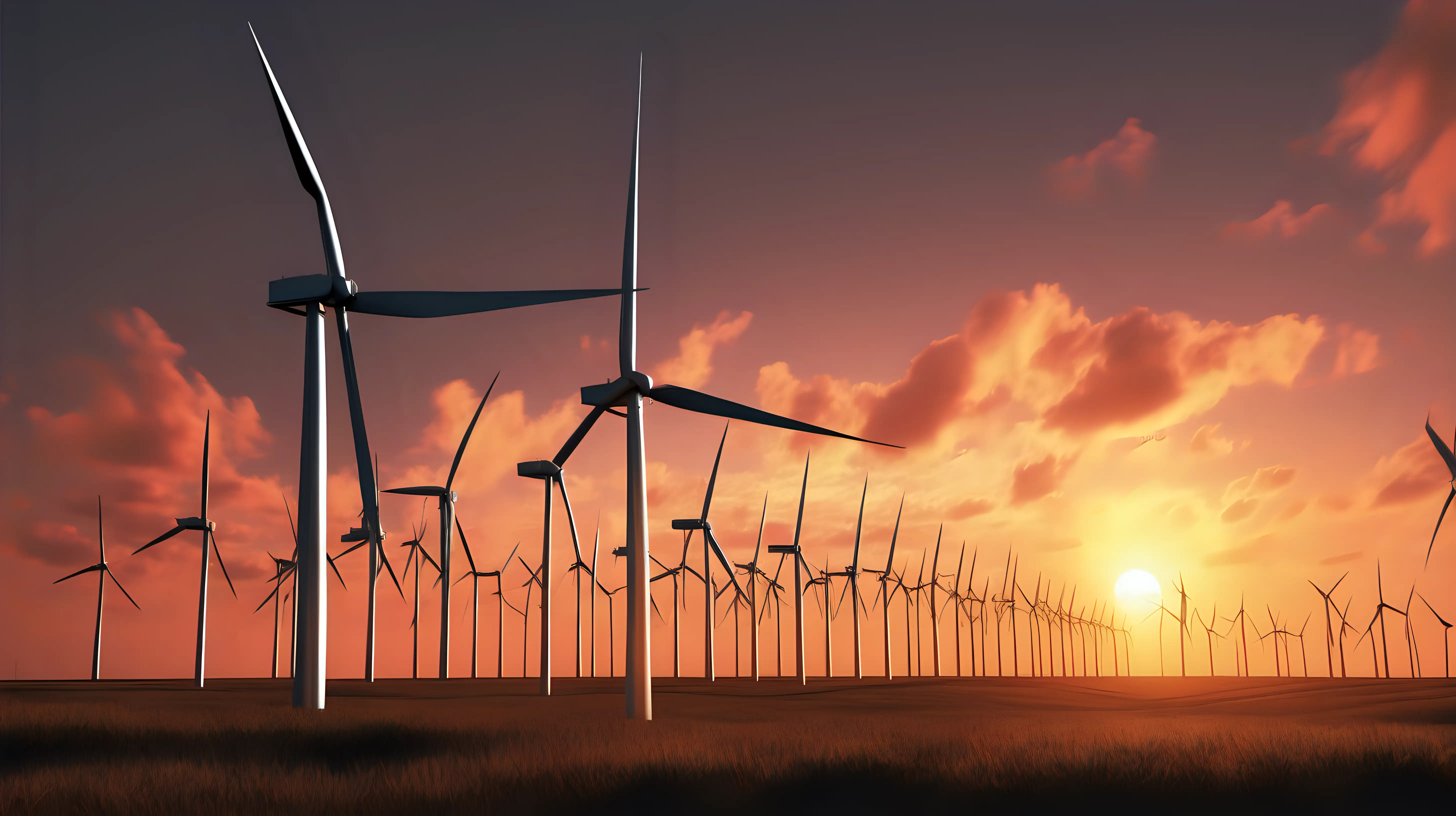 "Generate a visual representation of a wind farm at sunset, with wind turbines gracefully turning against a vibrant sky."