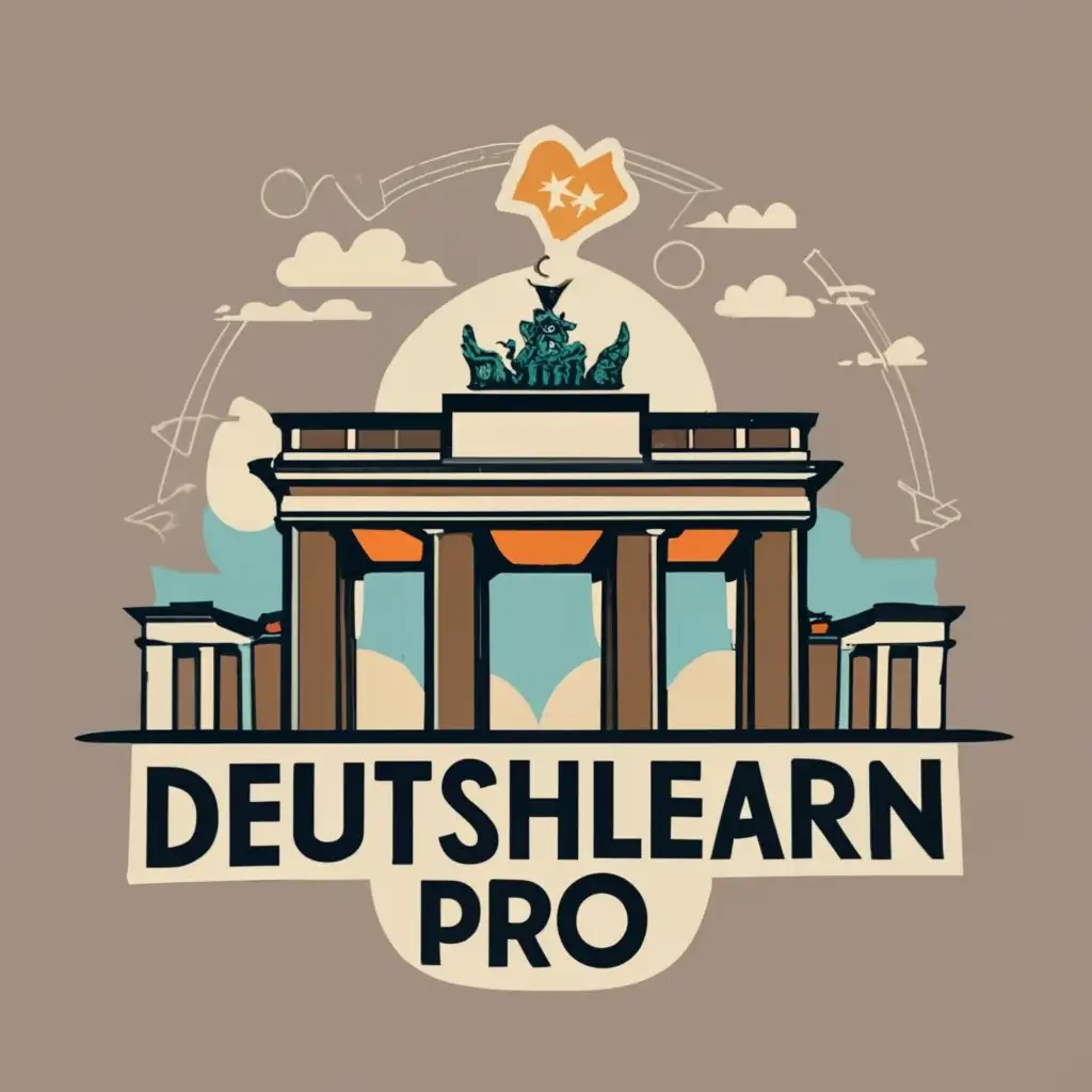 logo, Brandenburg Gate with a text 'DeutschLearn Pro', with the text "German Learn Pro", typography