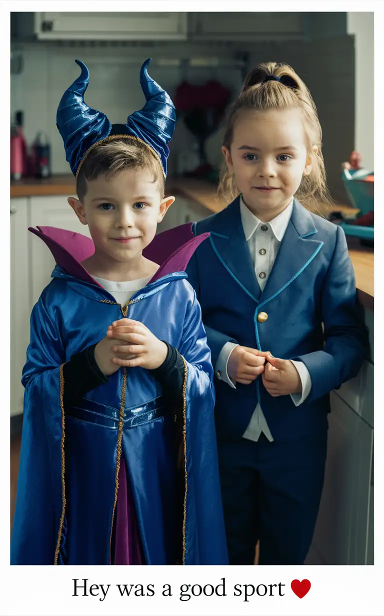 (((Gender role reversal))), colourful Photograph of two little white-skinned children, a cute 7-year-old boy with short smart spiky hair, and his sister an 8-year-old girl with long hair in a ponytail getting ready for their sports clubs in their kitchen, the boy is wearing a Maleficent Disney Princess dress and headband, the girl is wearing a Prince Charming suit, adorable, clear faces, perfect faces, perfect eyes, perfect noses, the photograph is captioned “He was a good sport 😭😭😭”