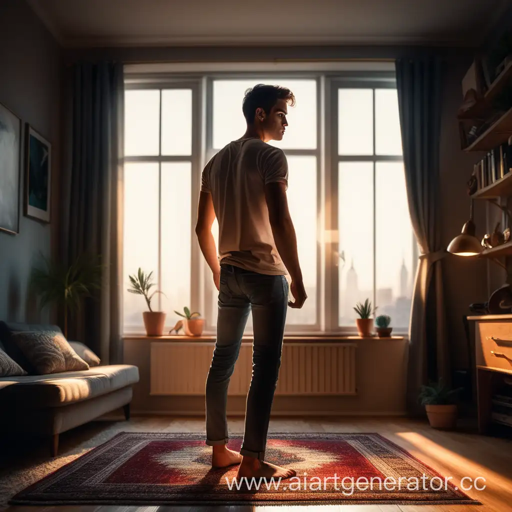 Красивый парень молодой стоит на ковре в своей квартире напротив окна, hd, эффектное освещение, подробная