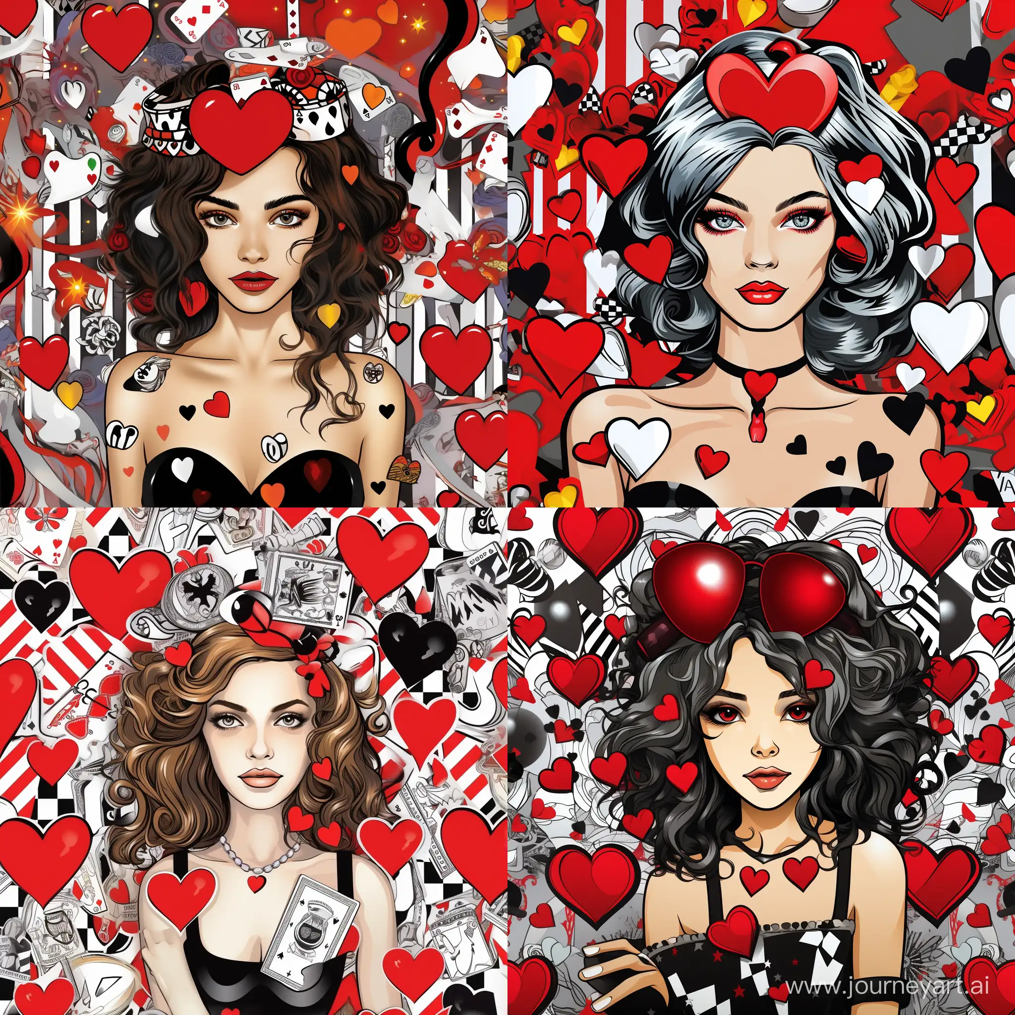 Portrait of Gaby Agyen with a crown on her head, many details, complex, on the background of a pattern of hearts, accessories from Chloe, colors black, white, red, gray, caricature, cartoon style, pop art style, fashion illustration style