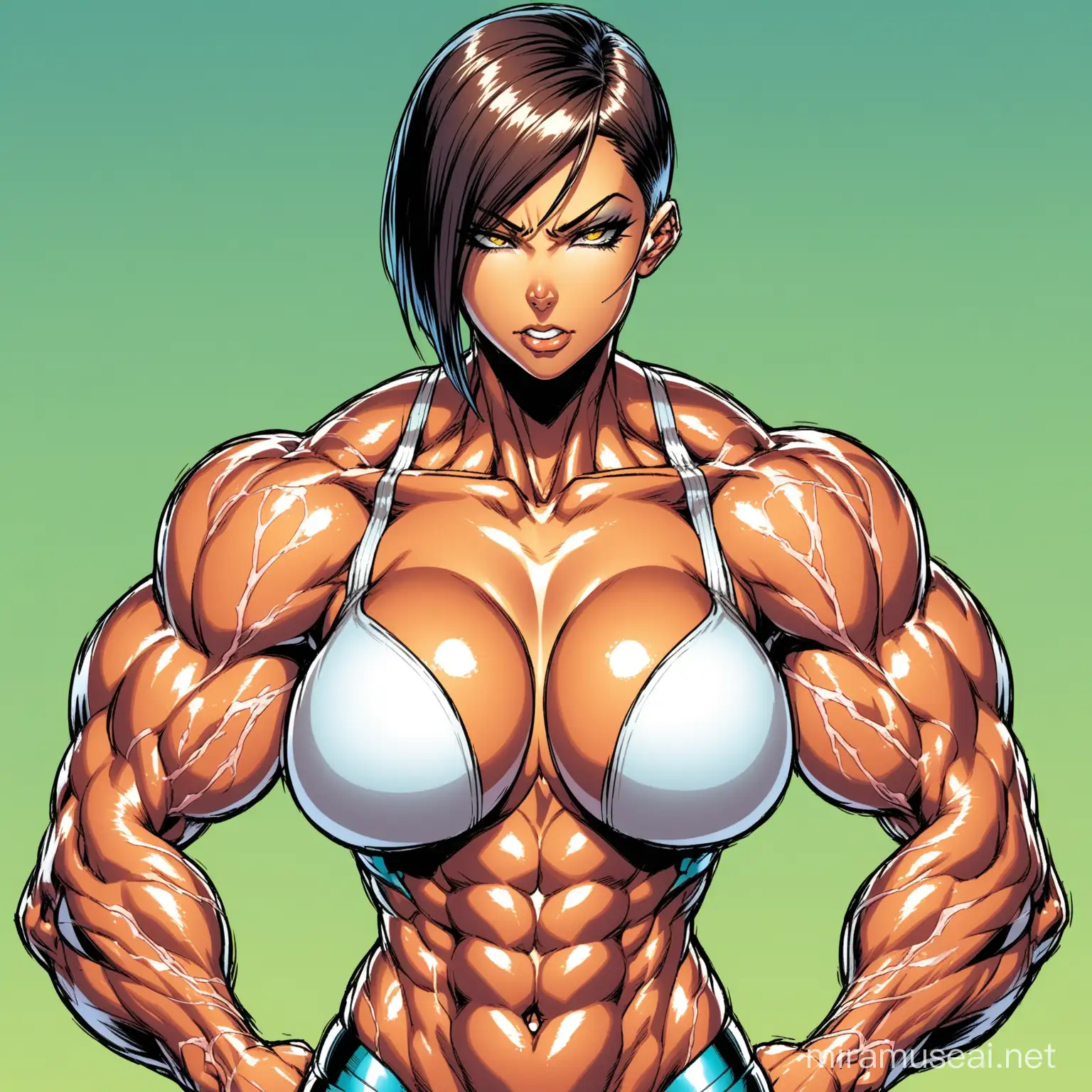 Powerful Cyborg Woman Flexing Muscles in Comic Book Style