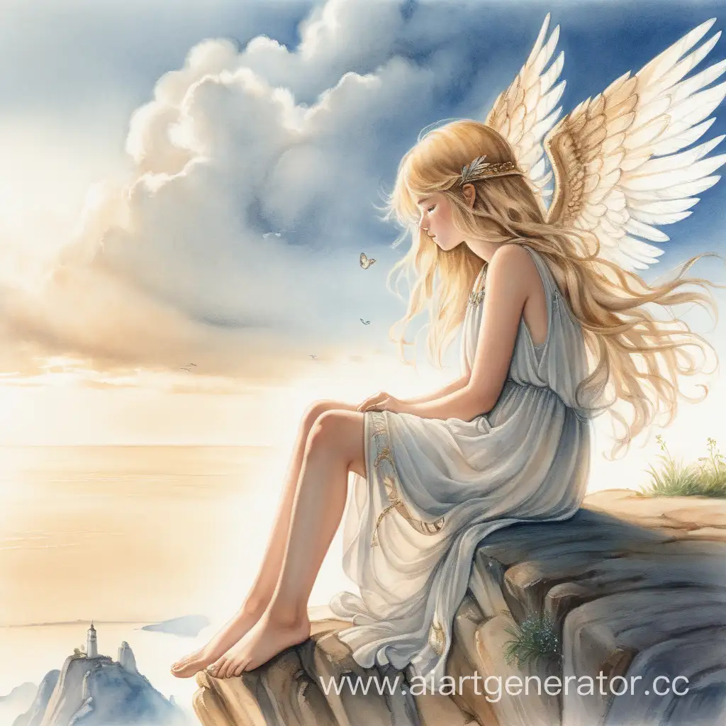 GoldenHaired-Angel-Girl-Sitting-on-Cliff-admiring-Sky