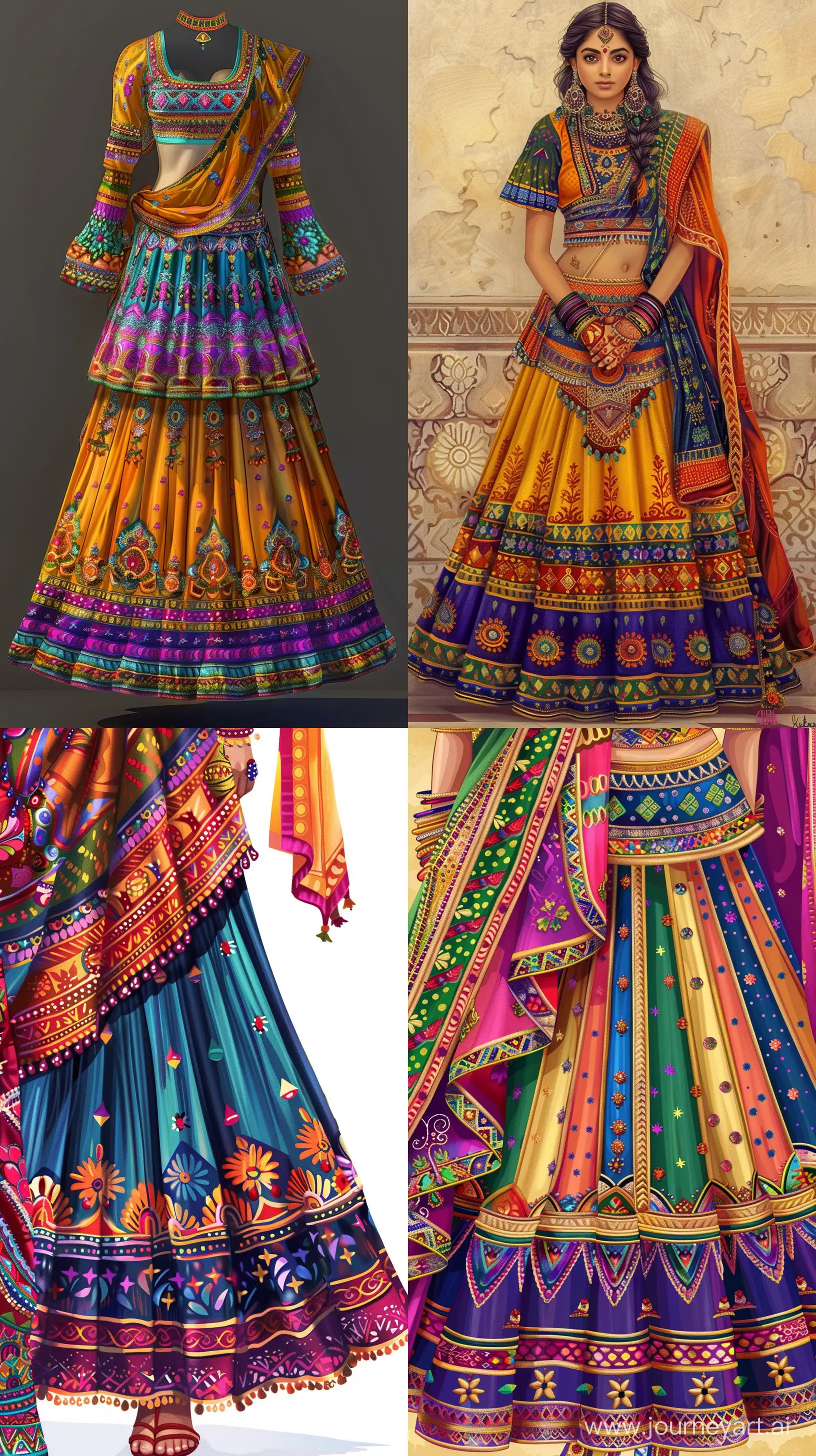 Create a vibrant and intricately detailed 32k Ultra High Definition (UHD) digital illustration of traditional Gujarati attire including a Chaniya Choli, Navratri Lehenga, and Kediya, with vibrant colors and intricate patterns, capturing every detail flawlessly to showcase the beauty and richness of Gujarati culture --ar 9:16 --v 6