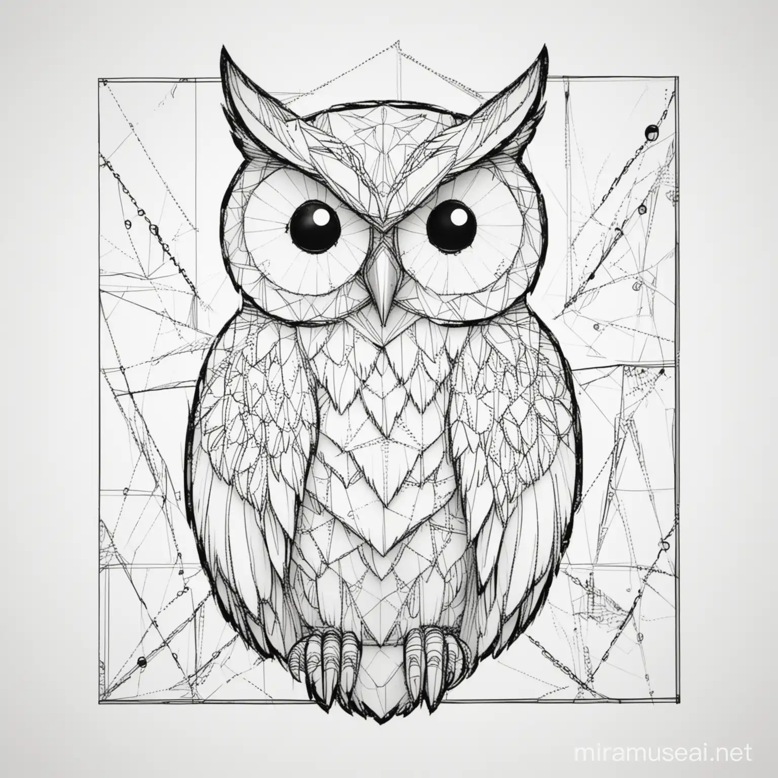 Create a colouring page of An owl
,use geometric figures,black and white, in the style abstract minimalism, white background geometric,simple colouring page, for children's colouring book