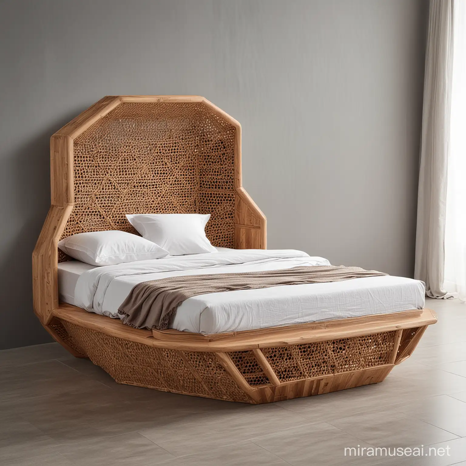 unique and modern single bed with rattan and wood material hexagon shape