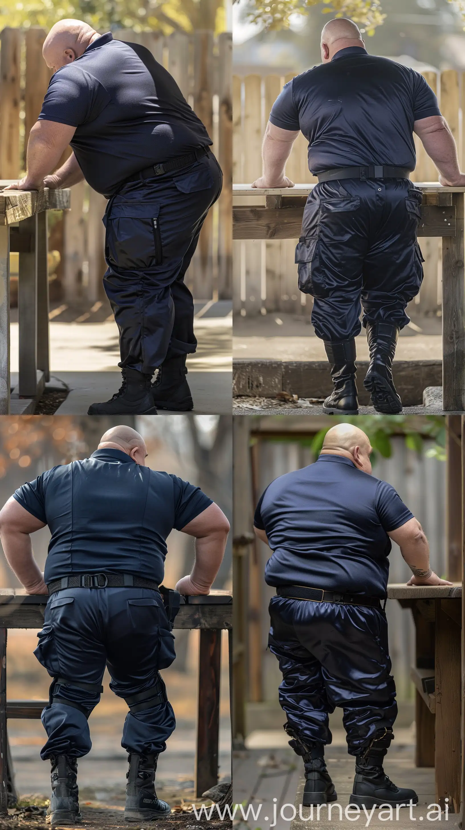 Close-up full body back view photo of a very fat man aged 60 standing next to a very high table. The man is wearing silk navy stretched out battle pants tucked in black tactical boots, he has a tucked in silk navy sport polo shirt and a black tactical belt. The man is standing straight and leaning forward on both hands placed on the table. Outside. Bald. Clean Shaven. Natural light. --ar 9:16