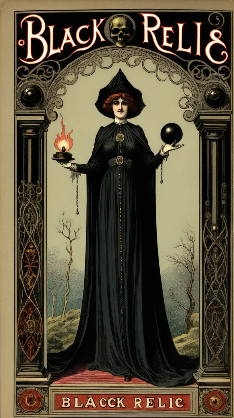a vintage colour drawing showing the cover of a Edwardian occult novel, called ‘the black relic’