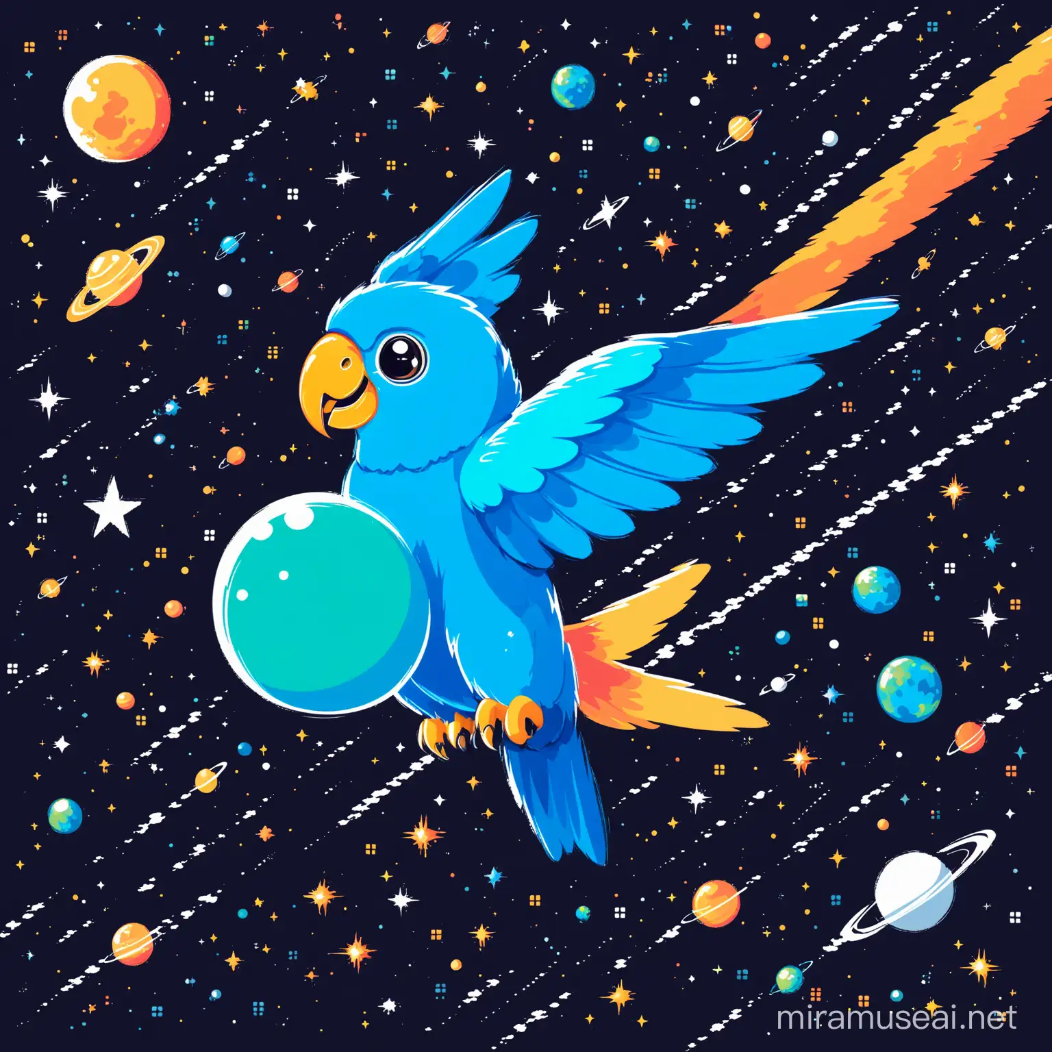 Нарисуй попугая синего цвета летающий в космосе в векторном плоском стиле.