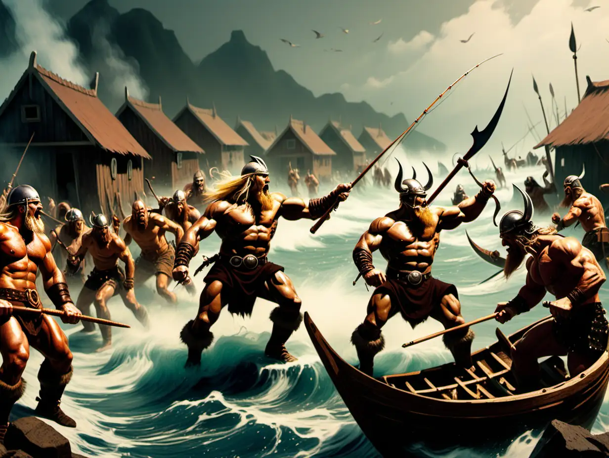Vikings and barbarians fighting in a fishing village in the style of Frank Frazetta