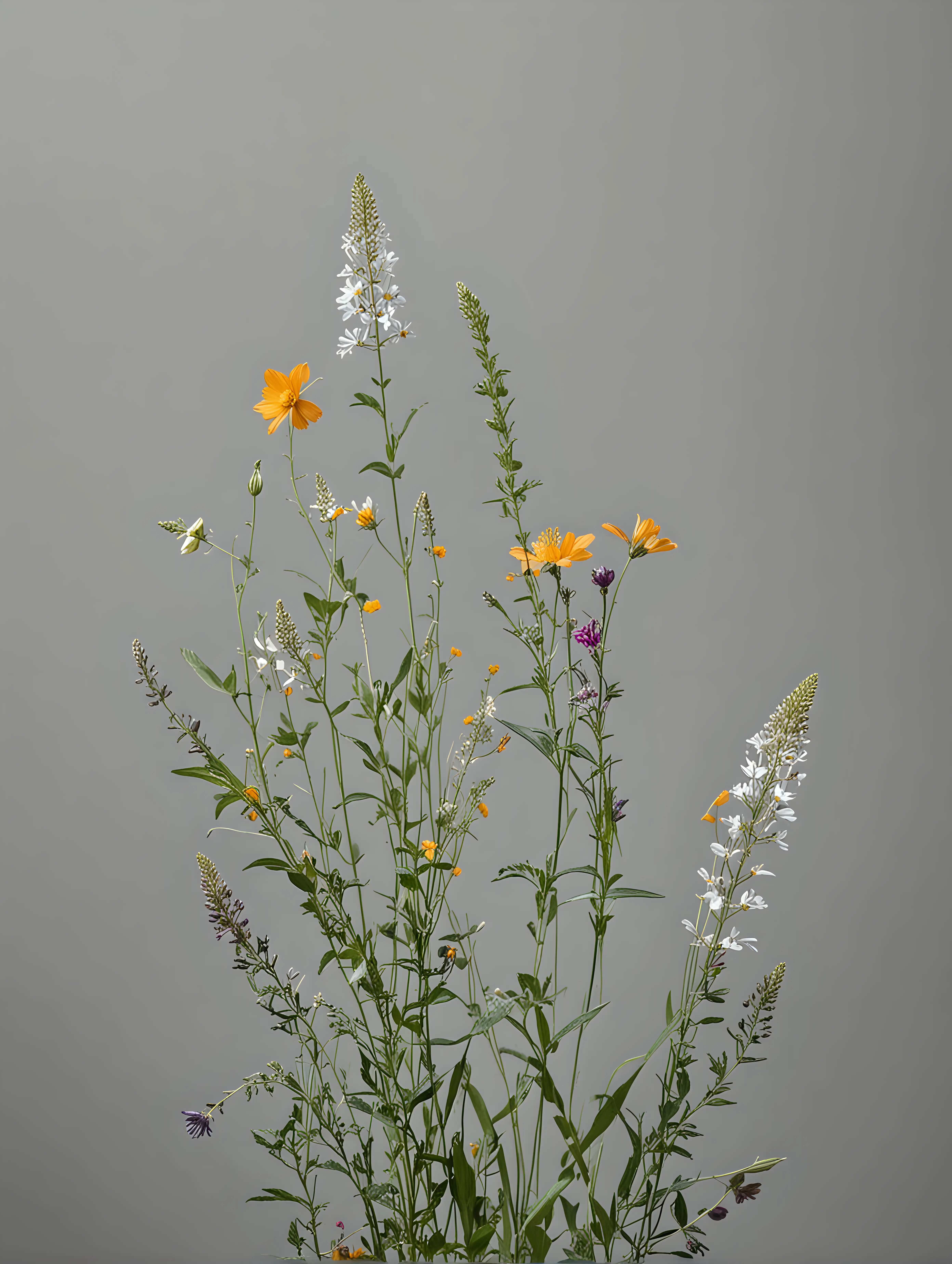 wildflowers growing in front of a neutral gray background.