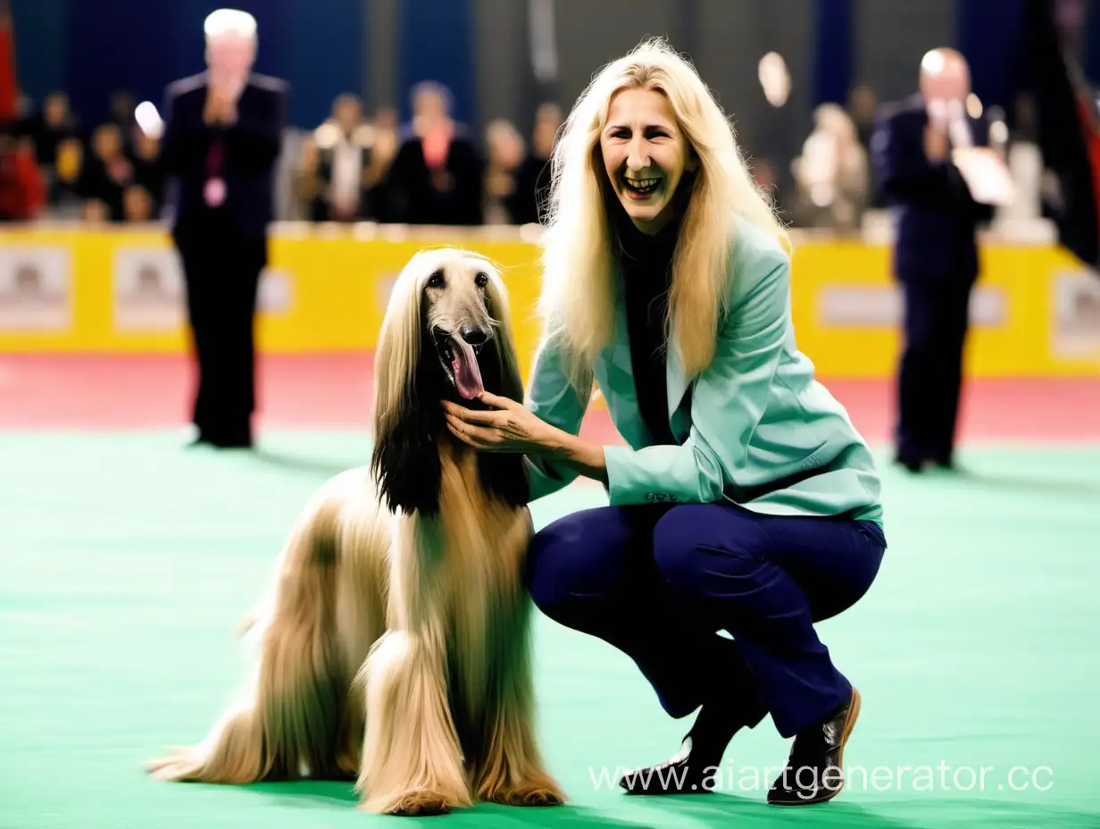 Victorious-Afghan-Hound-Celebrates-Show-Win-with-Blonde-Owner