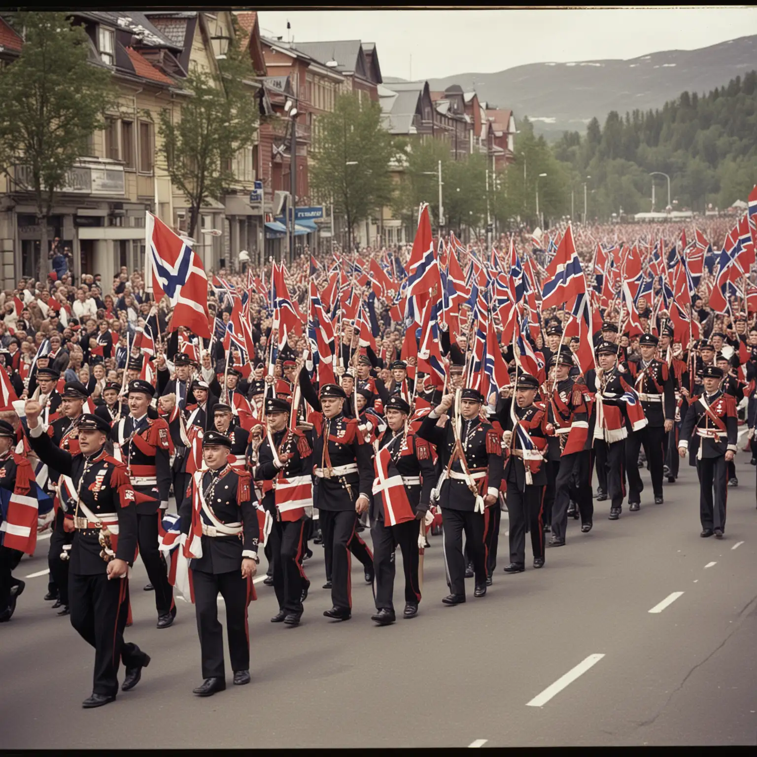 Norwegian 17th of May Parade Celebratory Crowd Waving Flags