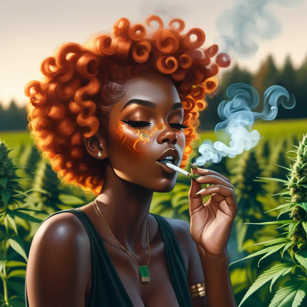 Sensual Black Woman with Vibrant Ginger Curl Hairstyle Enjoying Cannabis in a Lush Field