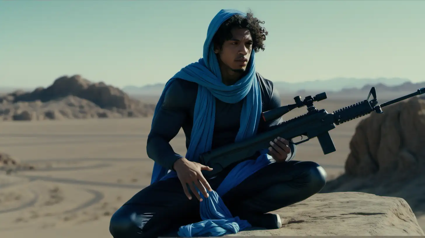 A cinematic scene shot with a Sony cineAlta extreme long shot of a mixed man with long curly hair with blue scarf wrapped around his head like a hood sitting on a rock with riffle, futuristic, desert background, wearing tight compression shirt with trouser pants, full body, drone shot