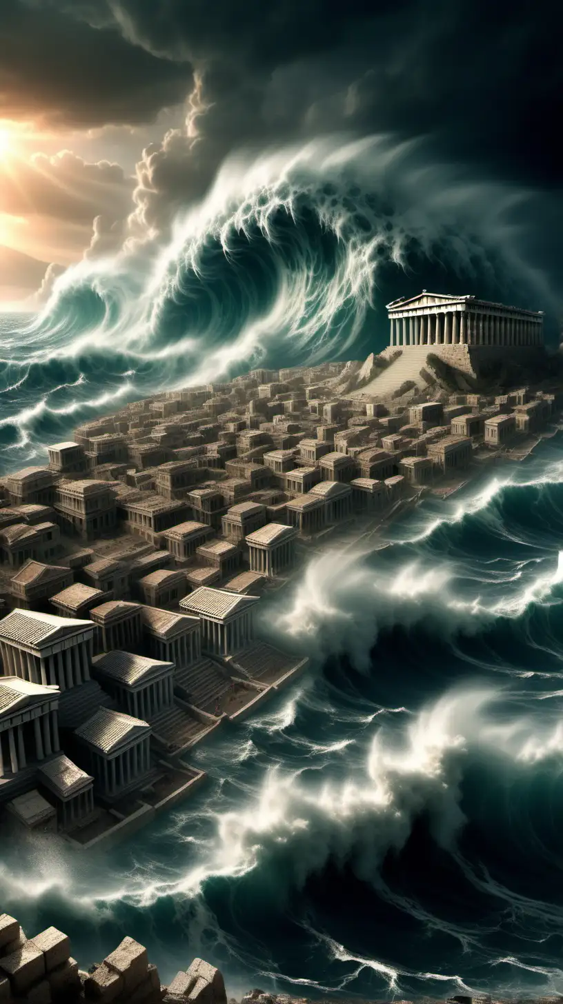 Tsunamis bury an ancient Greek city. The angry gods watching from the sky , with furious forces, move the massive water and engulf the city in towering waves.  
