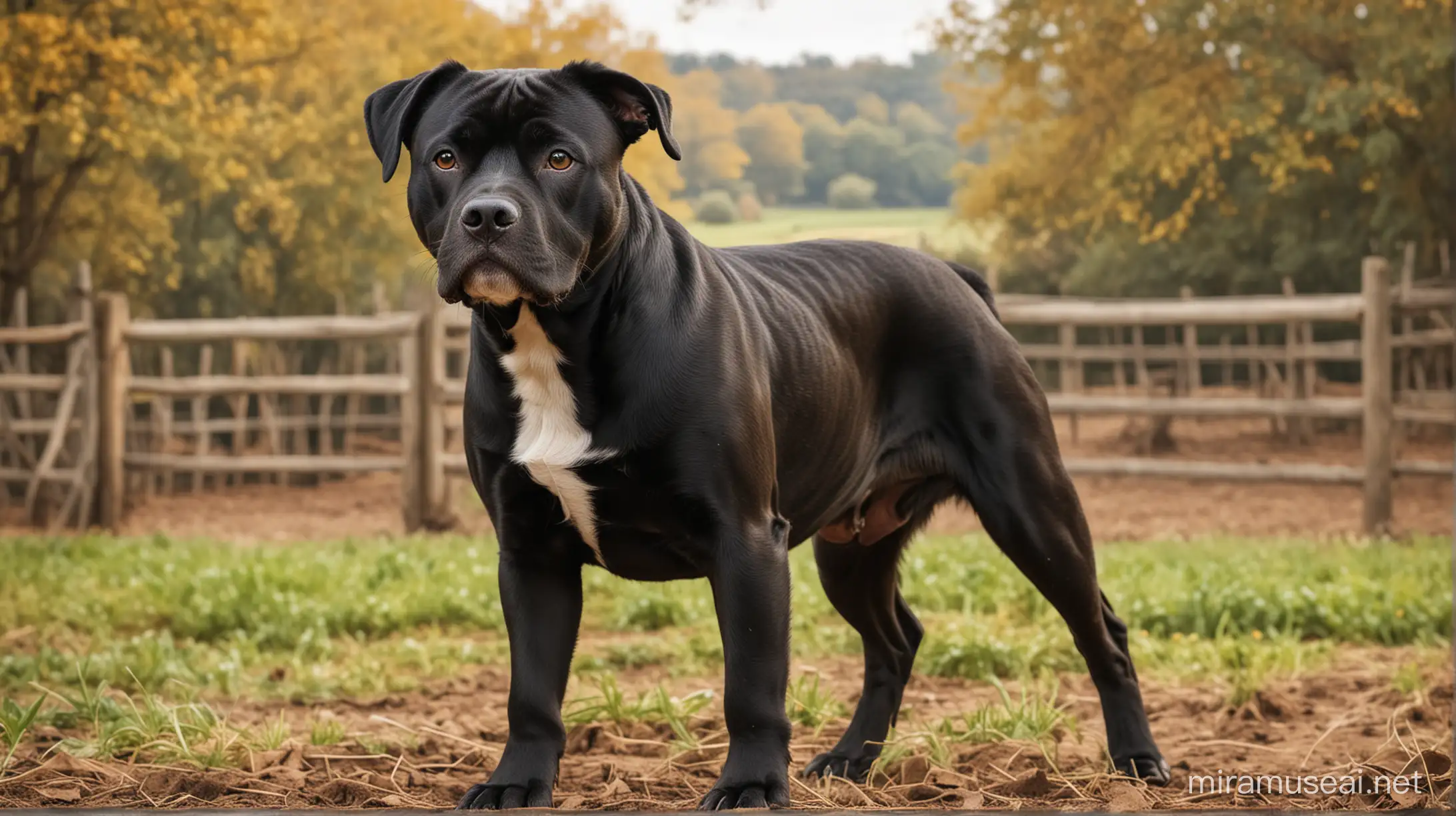 Photo réaliste d’un chien de race staffordshire de couleur noire sur un décor de ferme dans la nature