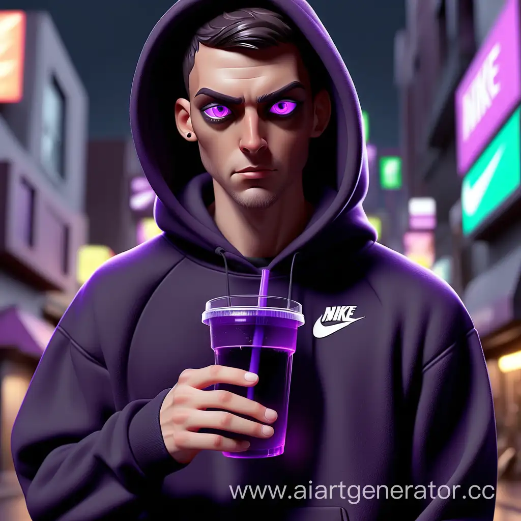 Парень в черной кофте nike с фиолетовыми неоновыми глазами держит в руках фиолетовый напиток