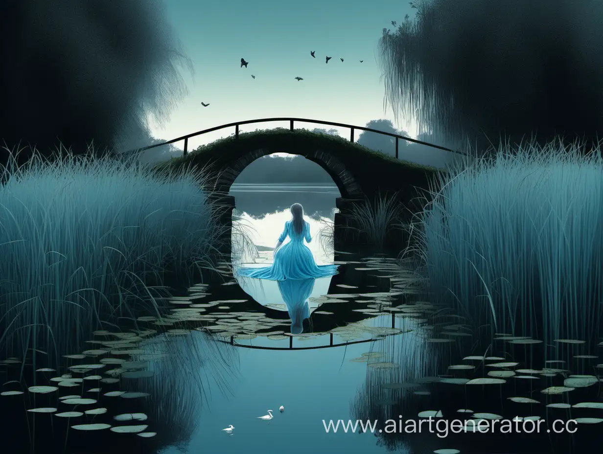 Tranquil-Pond-Scene-with-Overgrown-Bridge-and-Lady-in-Pale-Blue-Dress