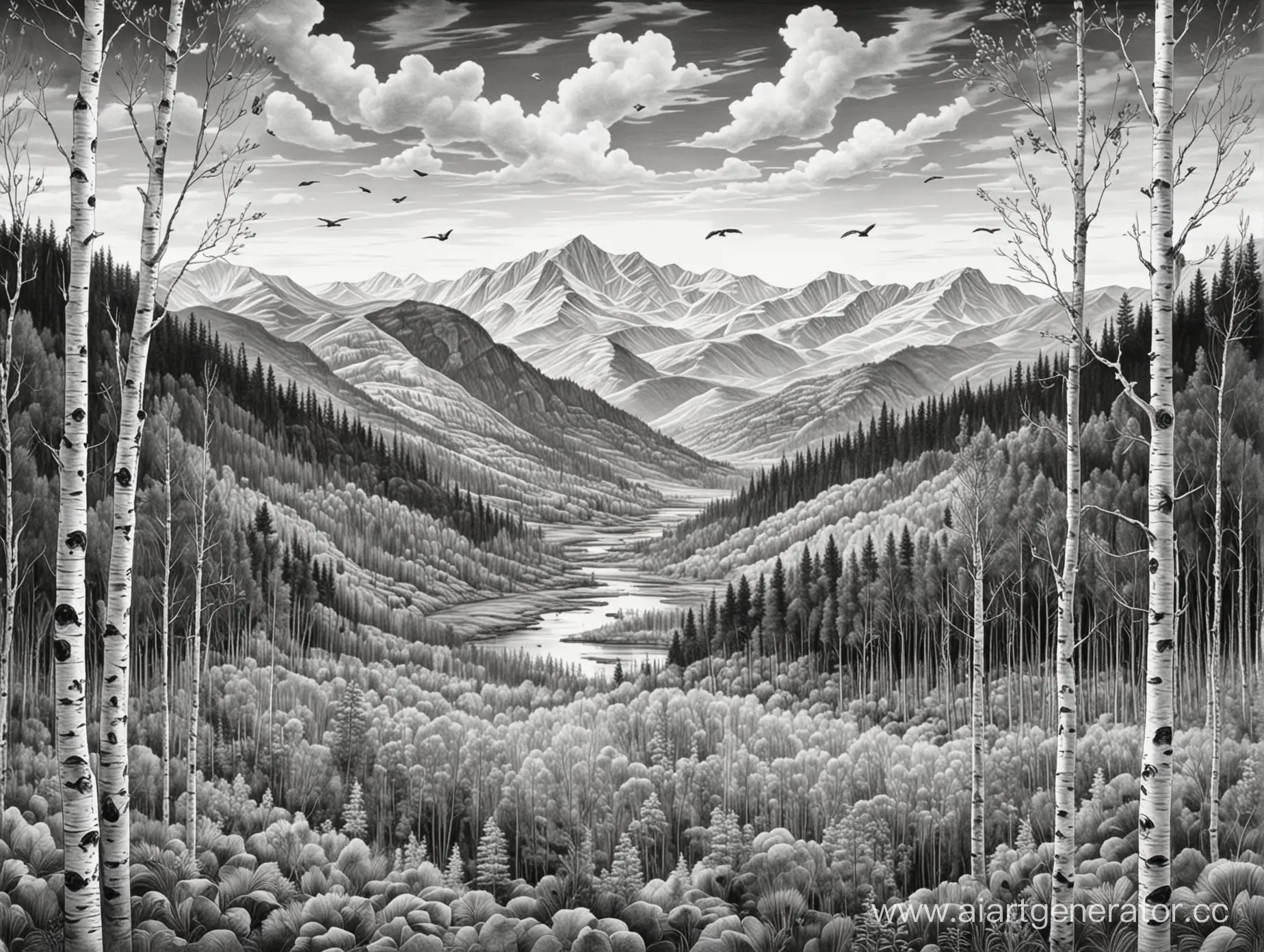 черно-белый, штриховой рисунок, лес и горы березы, сосны, осины, небо, птицы