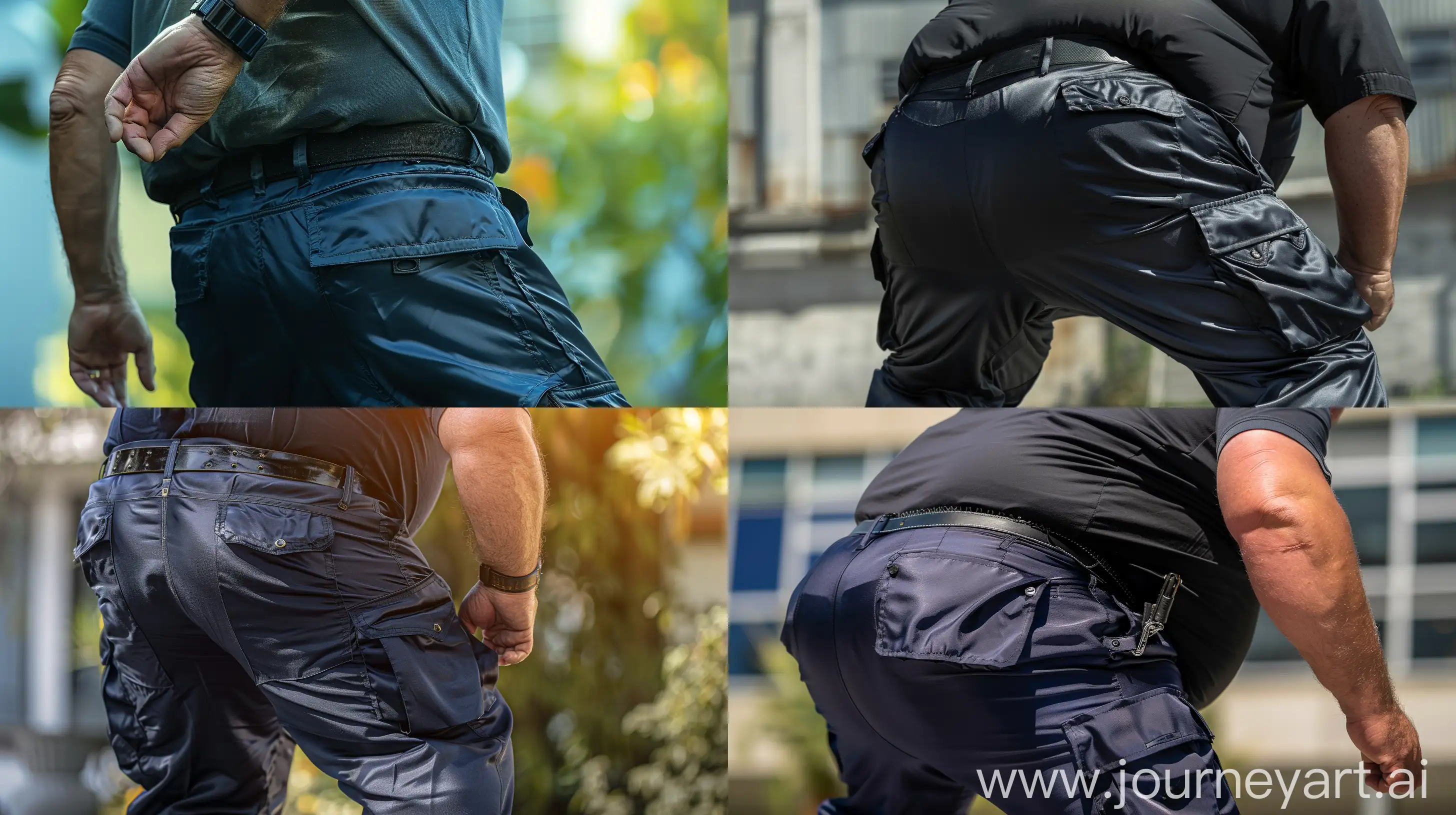 Back view close-up photo of a fat man aged 60 wearing silk navy cargo pants. Bending over. Black tactical belt. Outside. Natural Light --style raw --ar 16:9