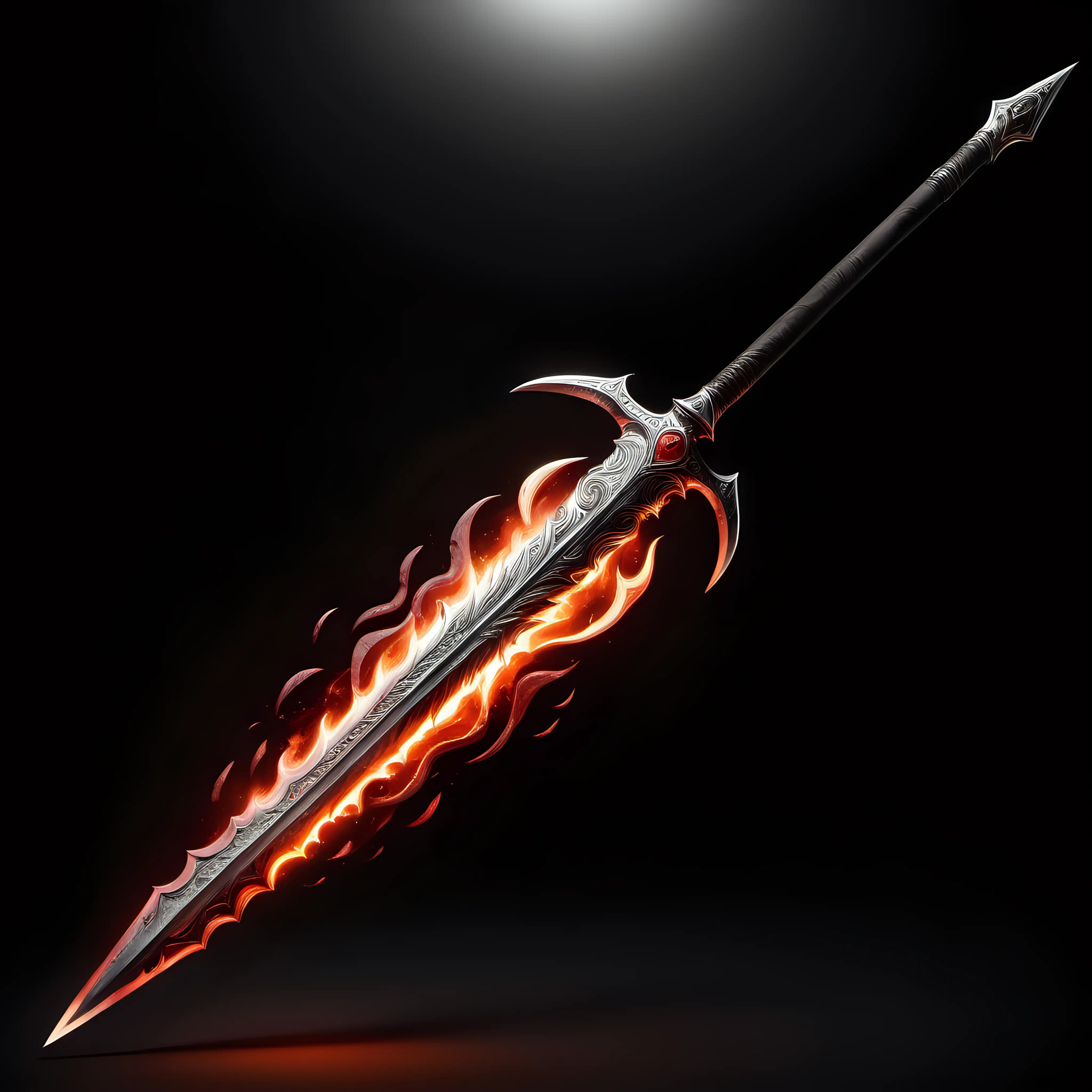 A luminous, two-handed double sided polearm.  It has a curved blade at one end and a straight blade at the other.  It is ash-colored with carmine flames running its length.  A volcano outlined in silver and a silver sun sit near the straight blade