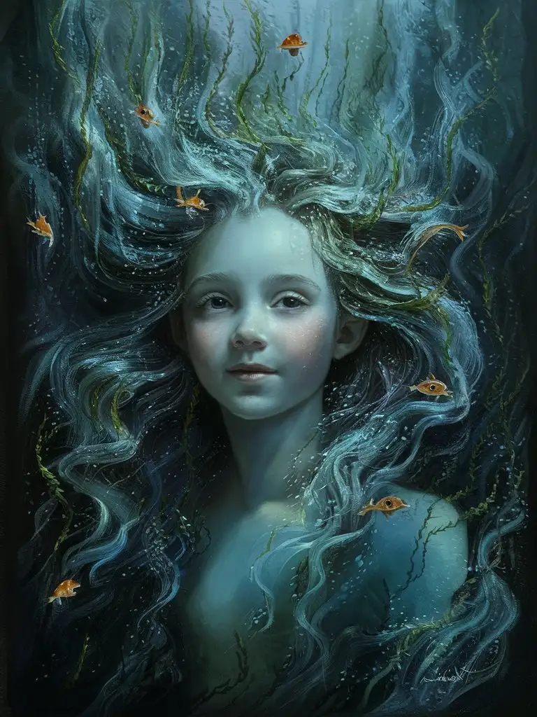 Tranquil Oceanic Harmony Enchanting Girl Amidst Swirling Sea Waves and Fish