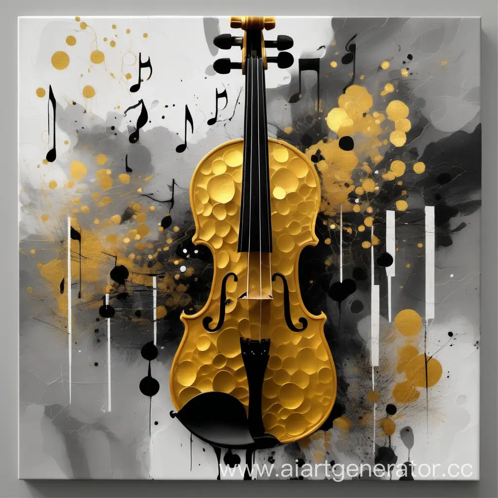 abstraction of spots on canvas (square) with energetic epic music on violin and some piano. Let shades of gray, black, and gold participate