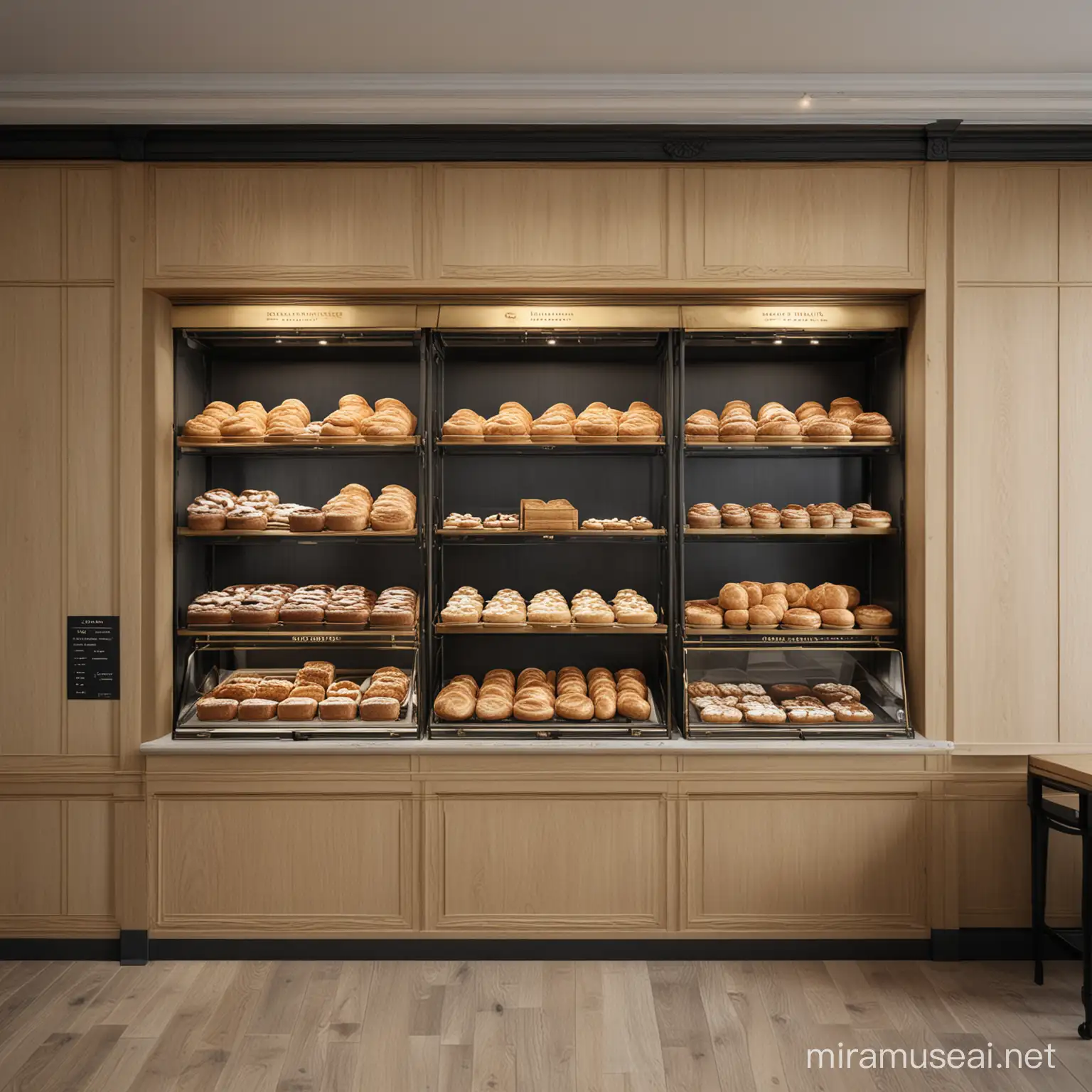 A hyperrealistic image a grand Modern Parisian gourmet bakery in a beige oak brass and black colour palette with floor to ceiling baked goods. Only displayed on one wall.