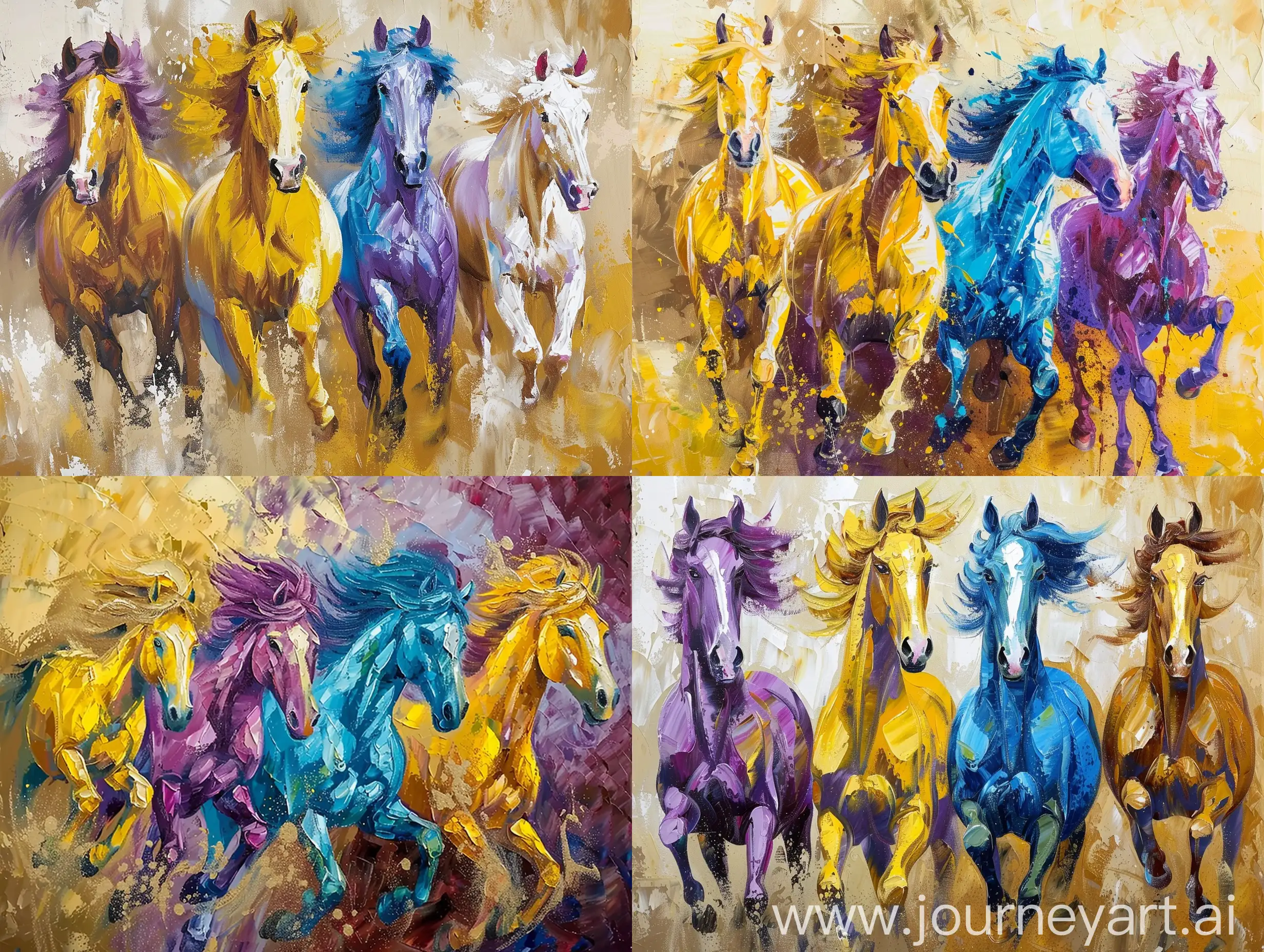 Painting and oil painting of horses with different and beautiful colors for decoration with yellow, purple, blue, gold and brown colors.