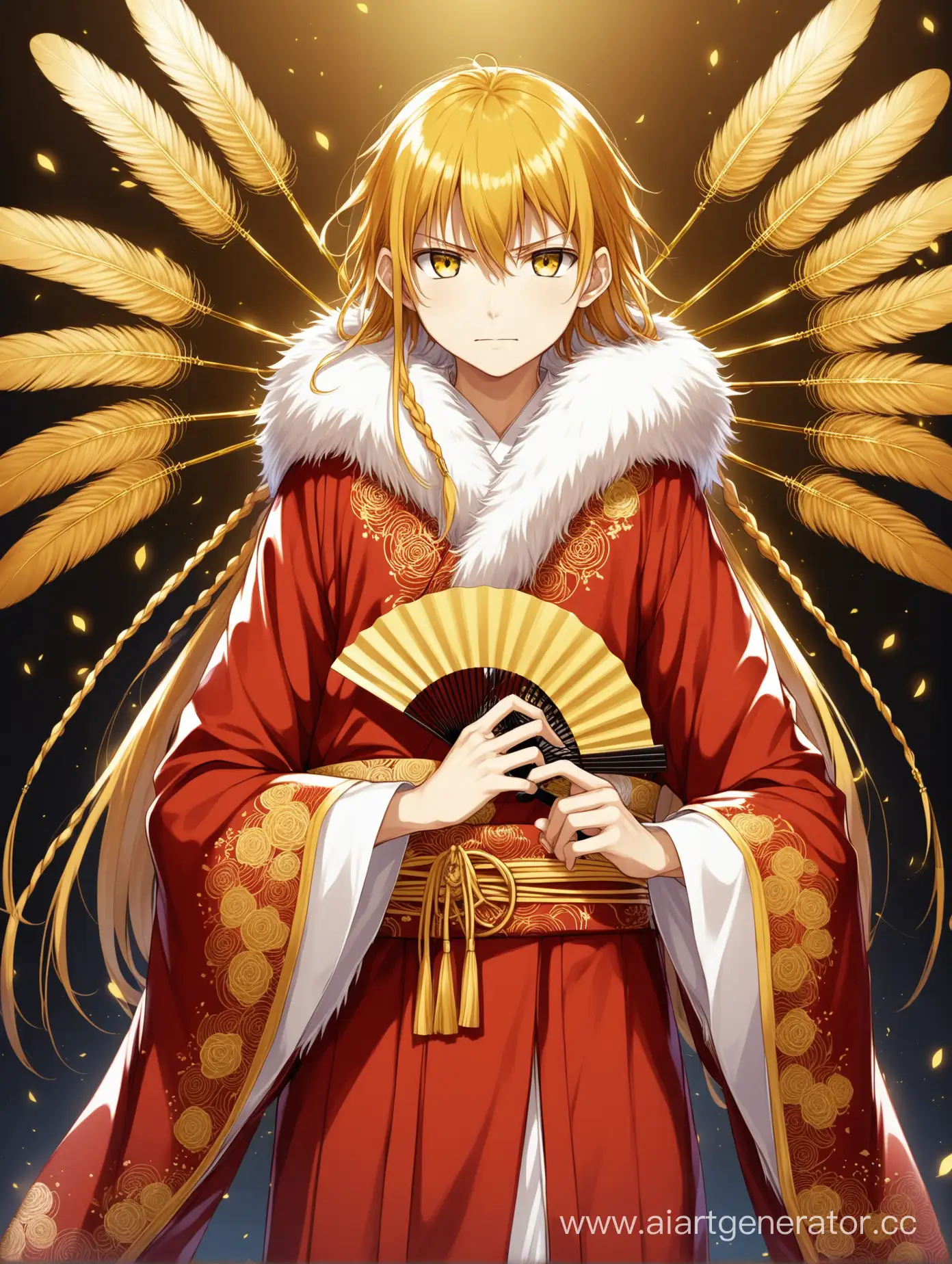 Young-Handsome-Teenage-Boy-in-Red-Kimono-with-Gold-Embroidery-and-Fan