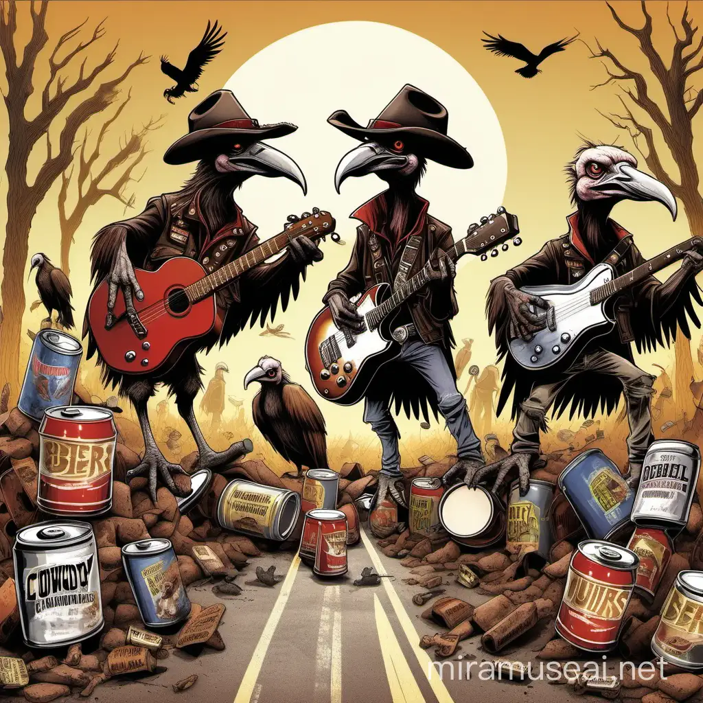 a rock band of vultures playing guitar, banjo, bass and drums, wearing cowboy hats while standing in the road around a pile of beer cans and dead animals