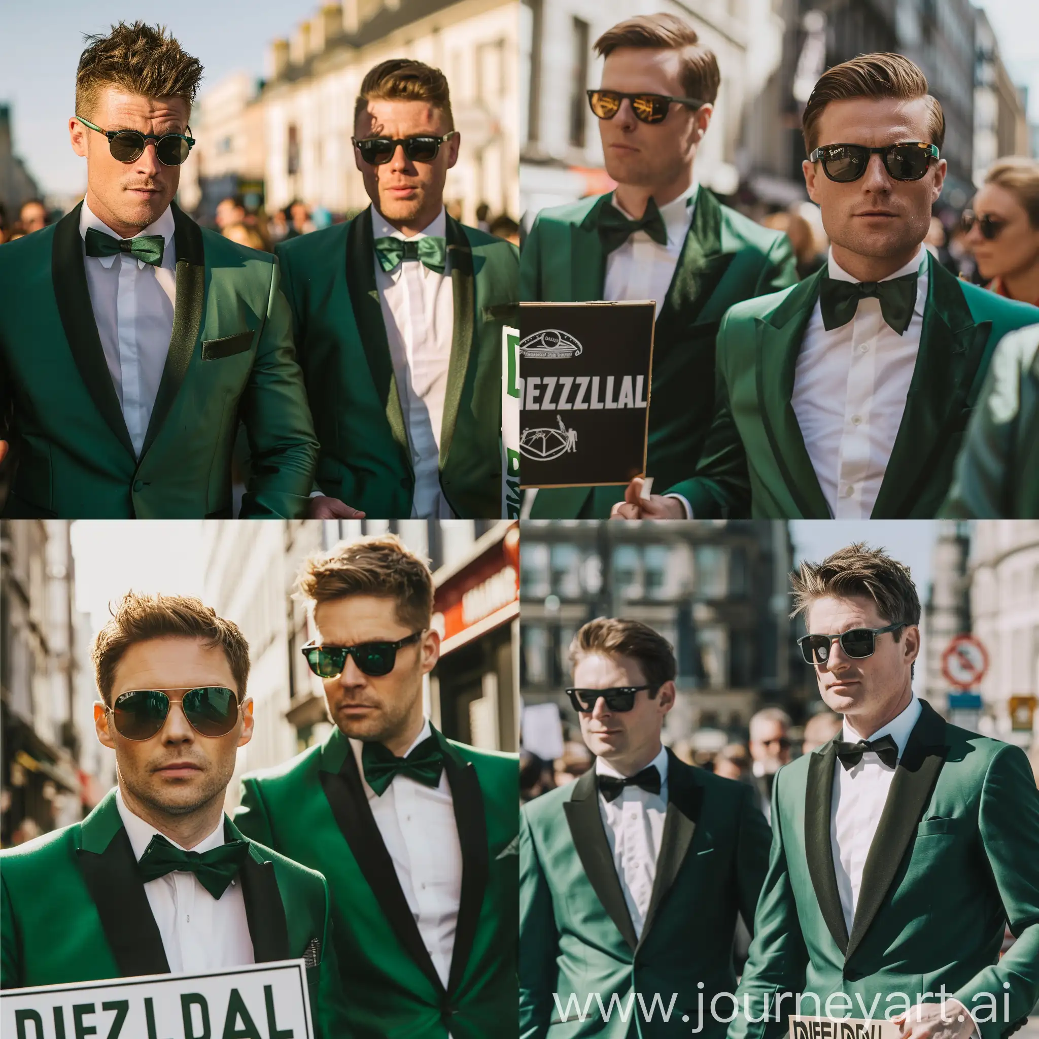 Two white men with brown hair and sunglasses. They are wearing green tuxedo's. Walking trough the city of  dublin. One of them is carrying a sign that has the words "Diezeldal" on it.
