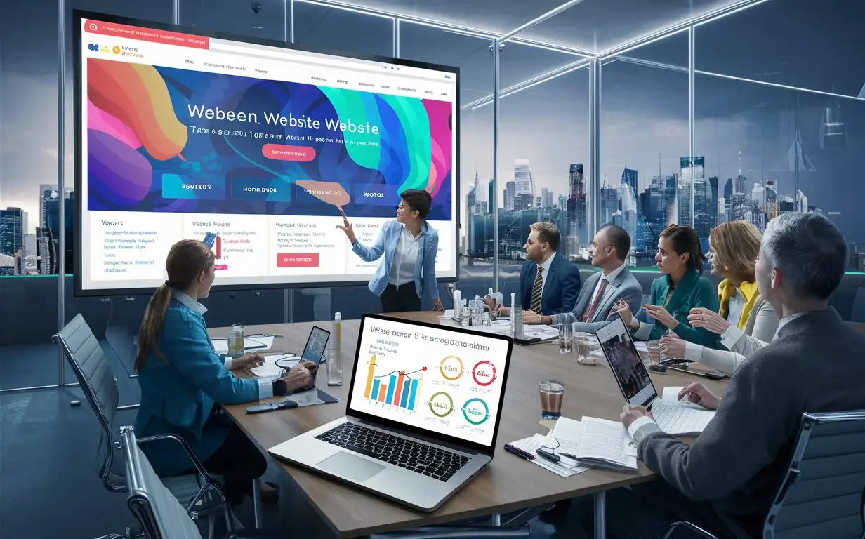 A professional and sleek conference room setting with a large screen displaying the homepage of the revamped website. The screen shows a modern, user-friendly interface with vibrant colors and streamlined navigation. Around the table, a diverse group of professionals, including web designers, developers, and project managers, are engaged in discussion. One person is pointing at the screen, highlighting a feature of the new website design. In the foreground, a laptop is open with notes and graphs showing website performance metrics, emphasizing the improvements and goals of the revamp project. The room has a contemporary feel, with glass walls, minimalistic furniture, and a view of the city skyline through the window, suggesting a forward-thinking and innovative approach to the project.