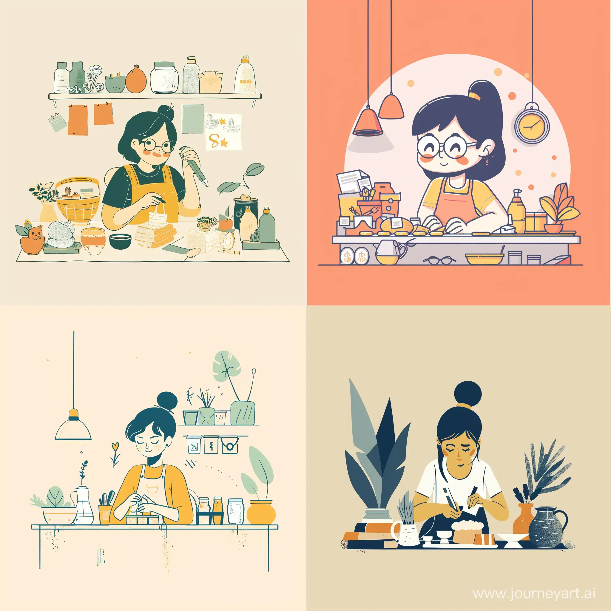illustration a minimal graphic image "Show a student who makes handmade goods and earns money from it." with plain color background



