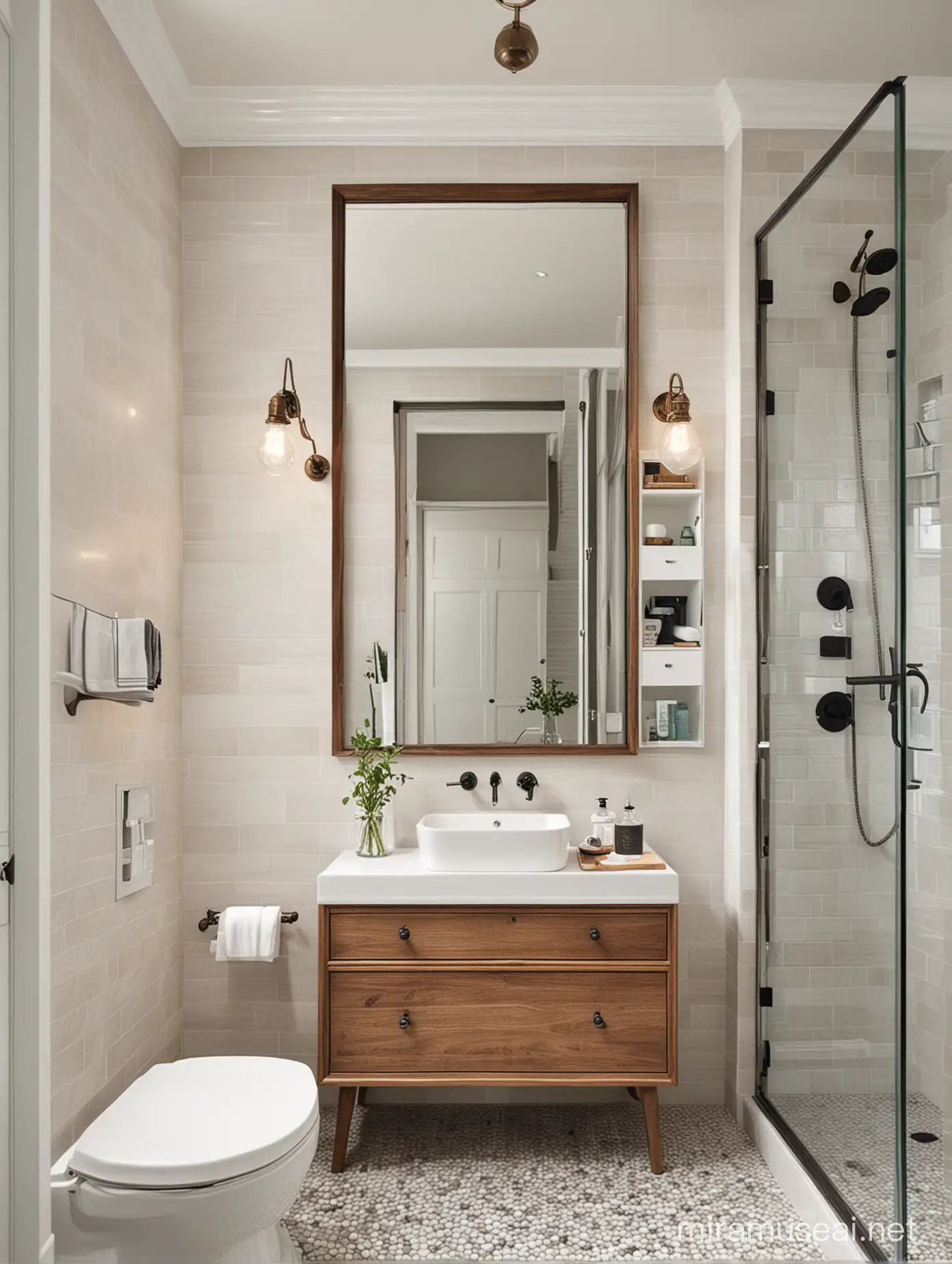 Compact elegance meets practicality in this charming bathroom.