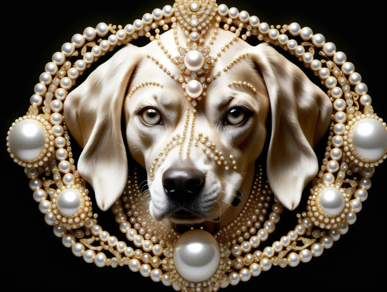 Dog face frontal symmetrical portrait , gold, pearls, Swarovski shiny diamonds, jewelry, in the style of intricate imagery, digital art, 8k —ar 2:3 —v 5.2art, 8k —ar 2:3 —v 5.2  
