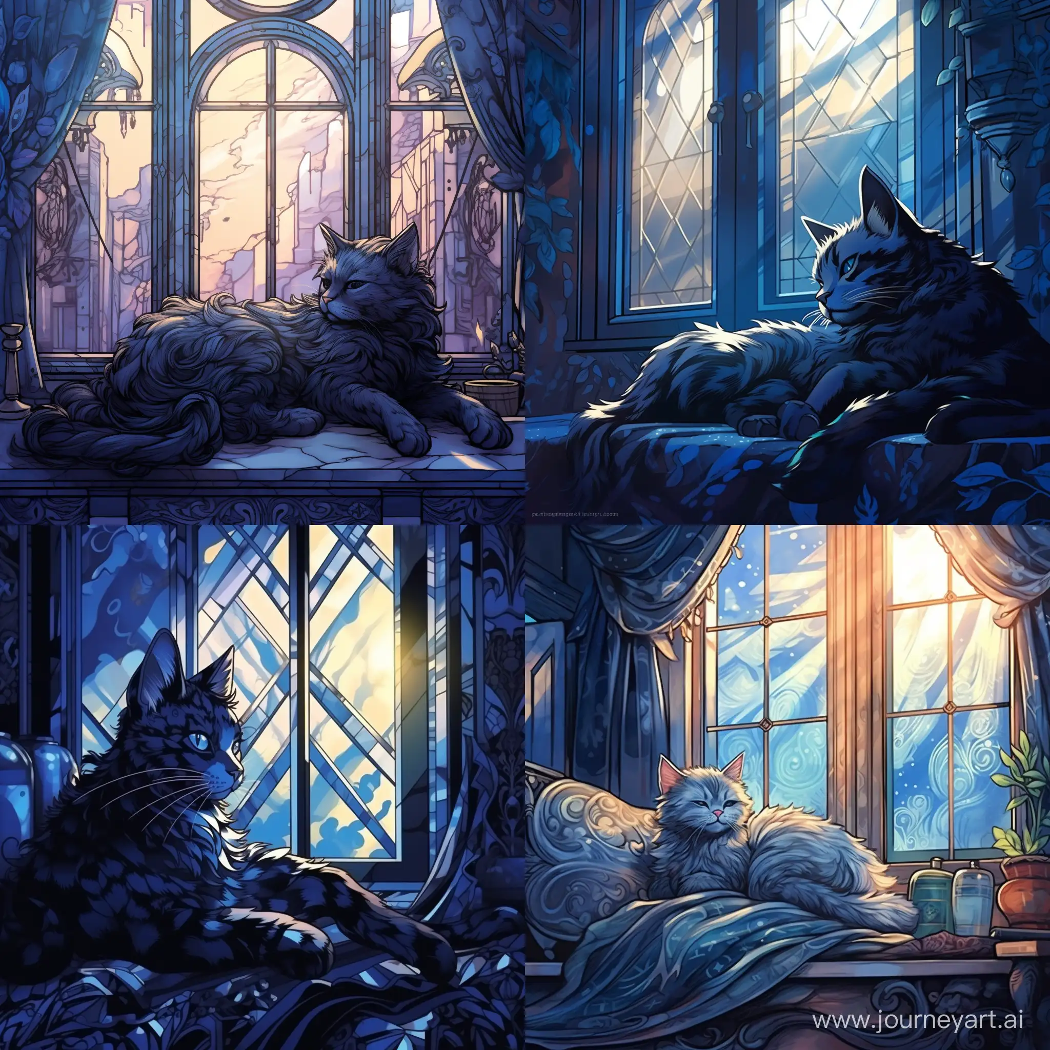 Иллюстрация, голубая кошка с черными узорами лениво разлеглась на фоне окна, мягкий свет проникает через окна отбрасывая блики на кошку