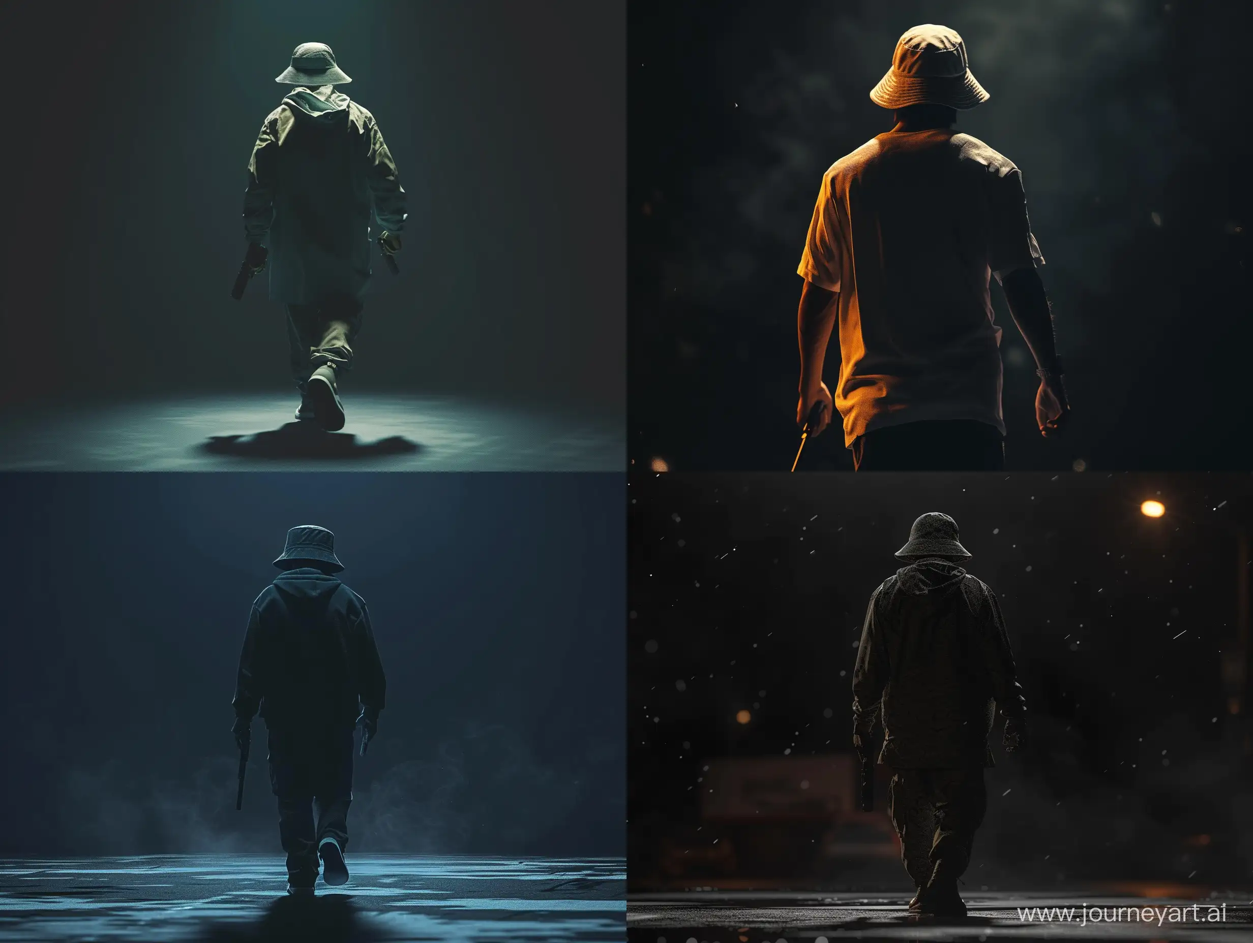 hitman with bucket hat, walking towards us, dark environment, we can only see the back from a distance. grand theft auto artstyle, loading screen, celshading, highly detailed, studio lighting
