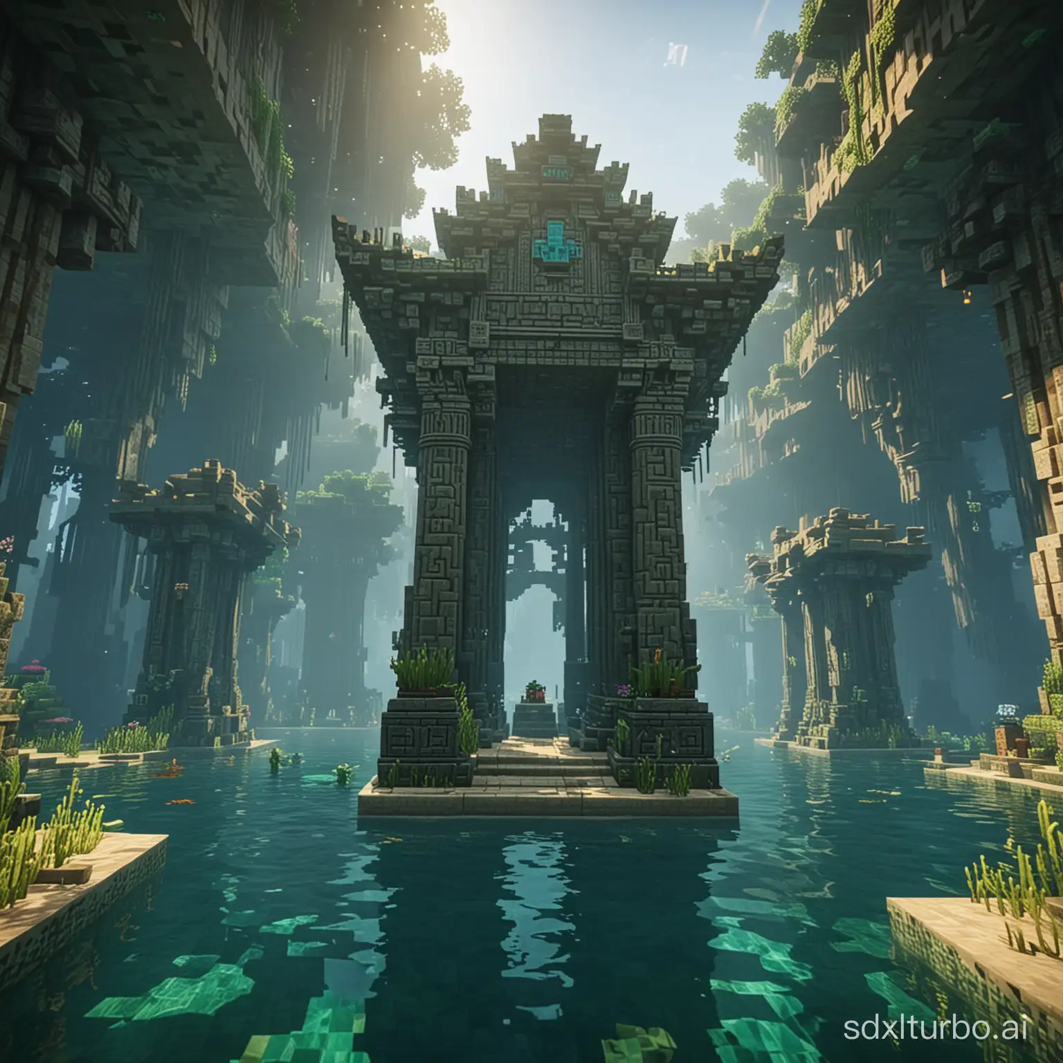 under the see ，Underwater Temple，minecraft，Add the Minecraft trademark in the middle
