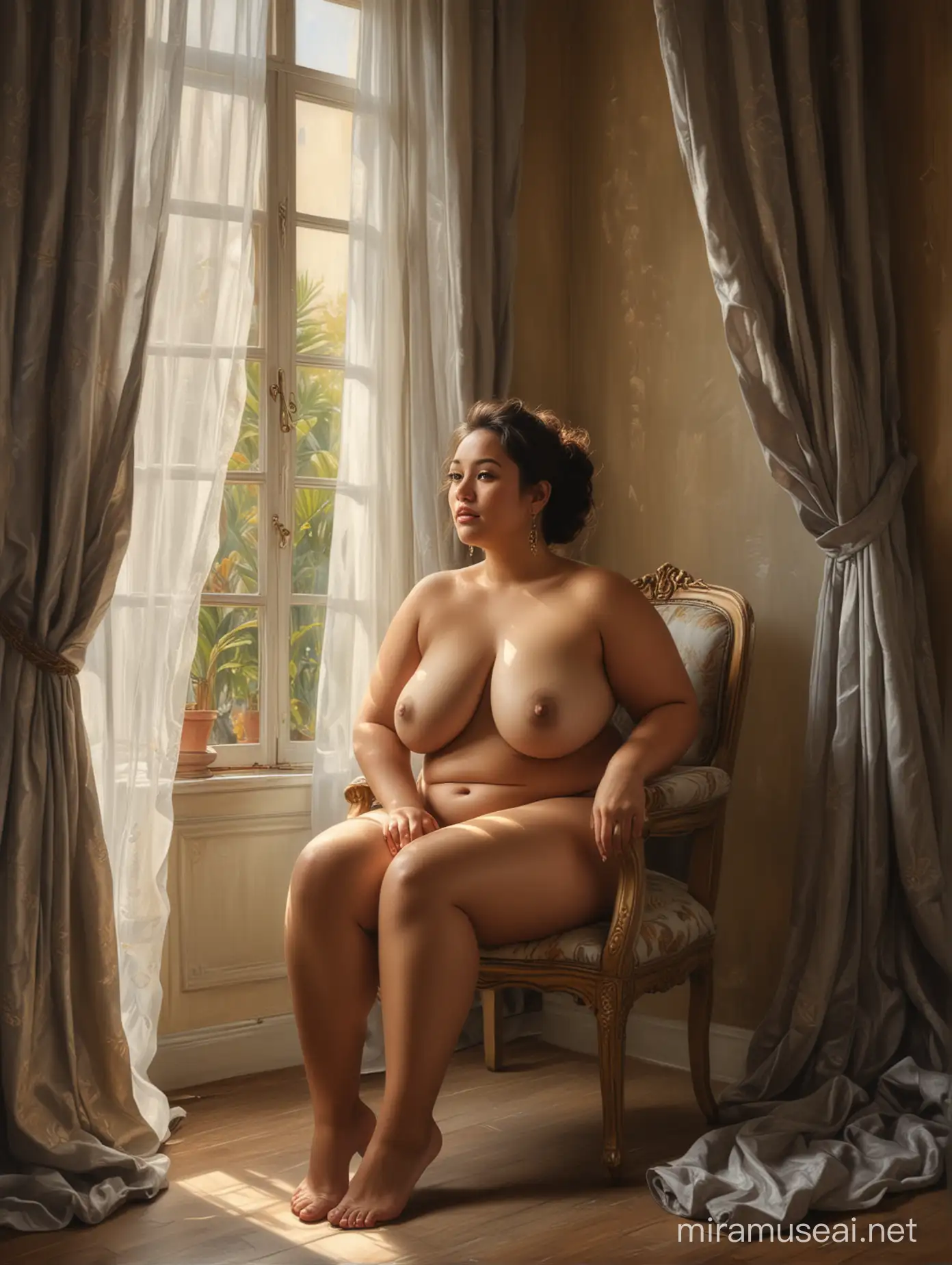 Nude oil painting of a plus sized beautiful indonesian woman sitting in a chair near a small window. Curtains blowing. Wide angle shot. In the style of Elisabeth Vigee Le Brun.