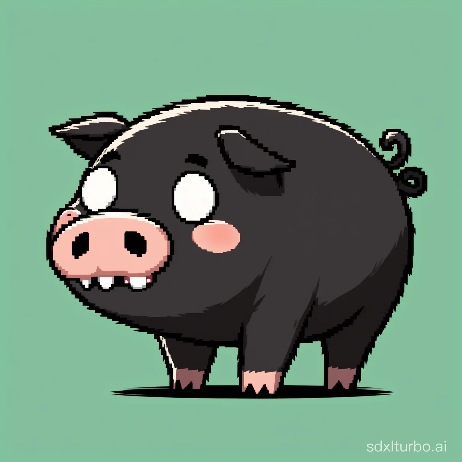 a 2d video game character black pig with  huge teeth, side view