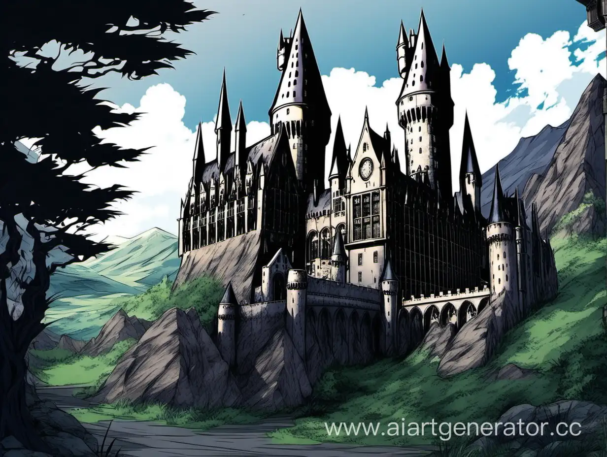  замок школы магии Хогвартц вид снаружи . Анимэ стиль . В готическом стиле
