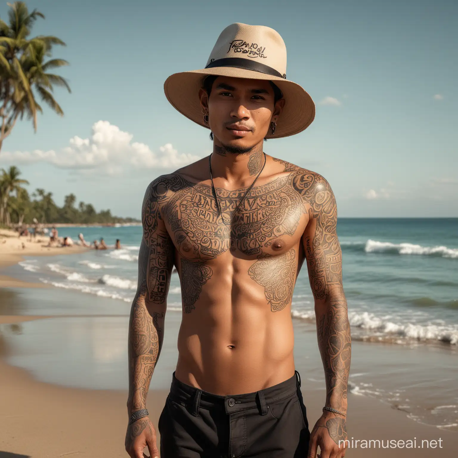 Tattooed Indonesian Man Enjoying Tropical Beach Vibes