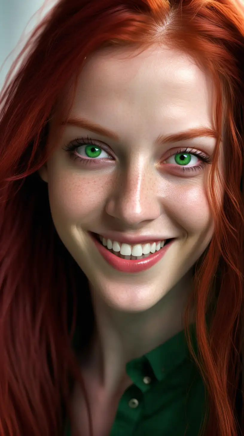 Create a hyperrealistic photography of magella green, long red hair, green eyes. Perfect face, perfect lips, perfect teeth. She is looking a the camera smiling, happy and cheerful and radiating a contagious positive attitude. High definition 8k image, octane render 