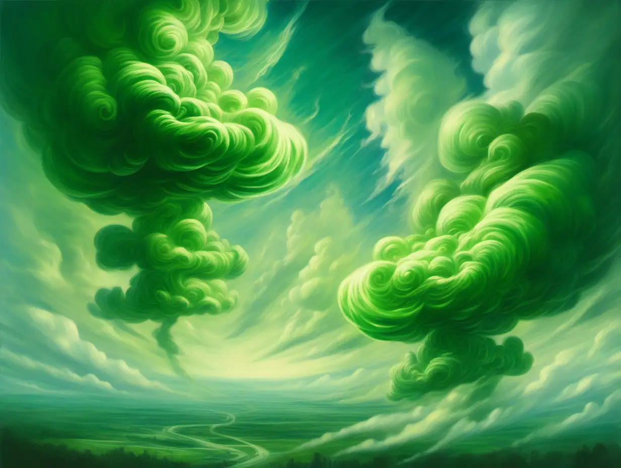 two small swirling clouds of green gas, sky background, Medieval fantasy painting, MTG art
